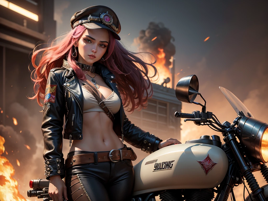 surfaces, to the intricate textures and patterns adorning the woman's clothing and accessories. The viewer is drawn into the image by the intense emotion and energy radiating from both the woman and the post-apocalyptic landscape. This masterpiece, with its best quality resolution, is a testament to the artist's skillful blend of punk aesthetics and dynamic storytelling. (8k, hyperrealism, digital art, concept art, surrealism, cinematic, explosive, post-apocalyptic, Mad Max, punk, leather, metal, dynamic, supreme quality, intricate details, cinematic lighting, metallic surfaces)

Imagine a capt