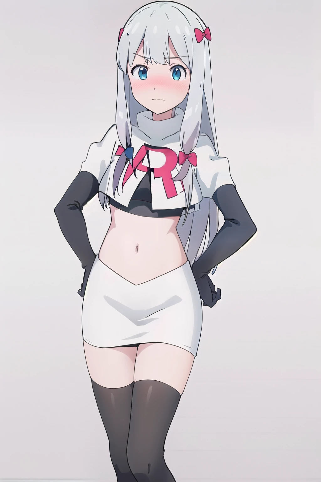 detailed,masterpiece,ultra-detailed,solo,(white background:1.3),izumi_sagiri,bow, pink_bow, long_hair,silver hair,hair_bow,  nose blush, team rocket,team rocket uniform,white skirt,red letter R,crop top,black thigh-highs,black elbow gloves