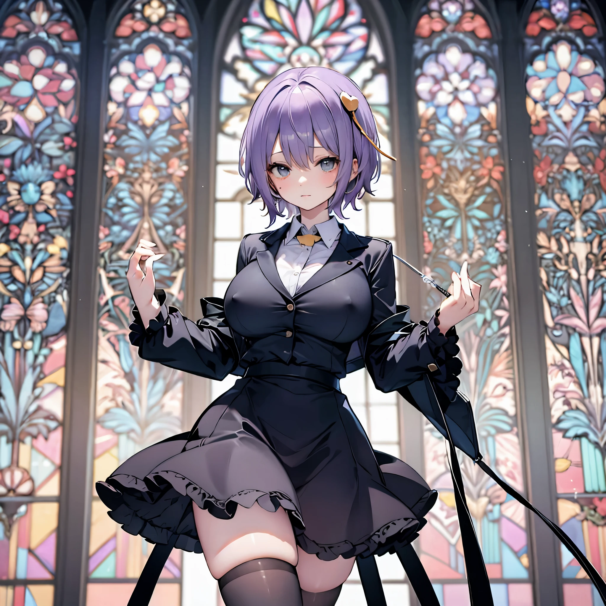 Satori toho character, (solo), (standing), (stained glass), BREAK, short hair, (huge perky breasts), bursting breasts, (inconceivably thin waist:1.2), very long legs, BREAK, (black blazer:1.3), (black thighhighs:1.3), (very short black high-waist skirt:1.3), highheels, BREAK, nose blush, BREAK, masterpiece, ultra-detailed