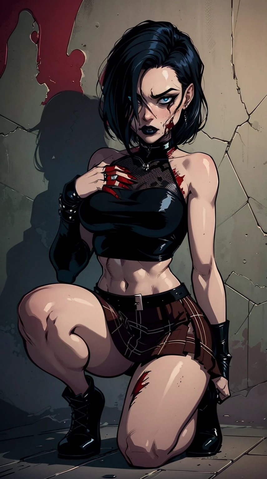 a woman with short black hair, hair on shoulders, wearing a black cropped and plaid skirt, blue eyes, zombie art, gothic art, cute aesthetic with vibe, toon aesthetic, wearing red costume, wearing gothic accessories, look like Cassie Hack, whole body, on his knees ,on his knees holding a skull in his hand, zombie background