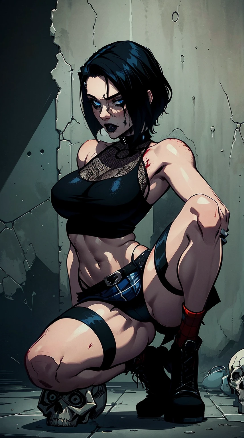 a woman with short black hair, hair on shoulders, wearing a black cropped and plaid skirt, blue eyes, zombie art, gothic art, cute aesthetic with vibe, toon aesthetic, wearing red costume, wearing gothic accessories, look like Cassie Hack, whole body, on his knees ,on his knees holding a skull in his hand, zombie background