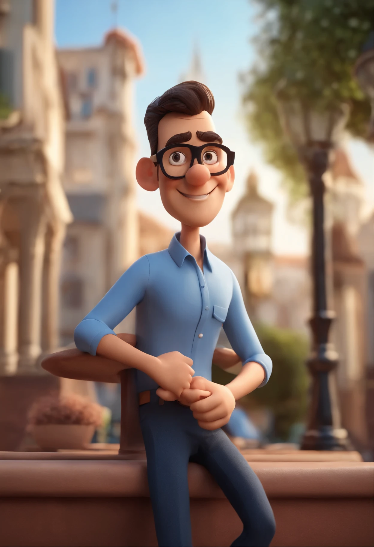 Cartoon character of a man wearing black glasses and a blue shirt, um personagem animado, Caractere estilizado, animation style rendering, 3D estilizado, Arnold Maya rendering, Stylized 3D rendering, toon render screenshot, Personagem 3D, Personagem 3D, Stylized 3D rendering, 3D character rendering, personagem de desenho animado, Personagem de close up, Pose de personagem, (Estilo Pixar) (parte mestre:1.2) (Bokeh) (melhor qualidade) (pele detalhada) (textura detalhada) (8k) (argila) (cinematic lighting) (sharp focus,Senta e vaza a parte superior do corpo