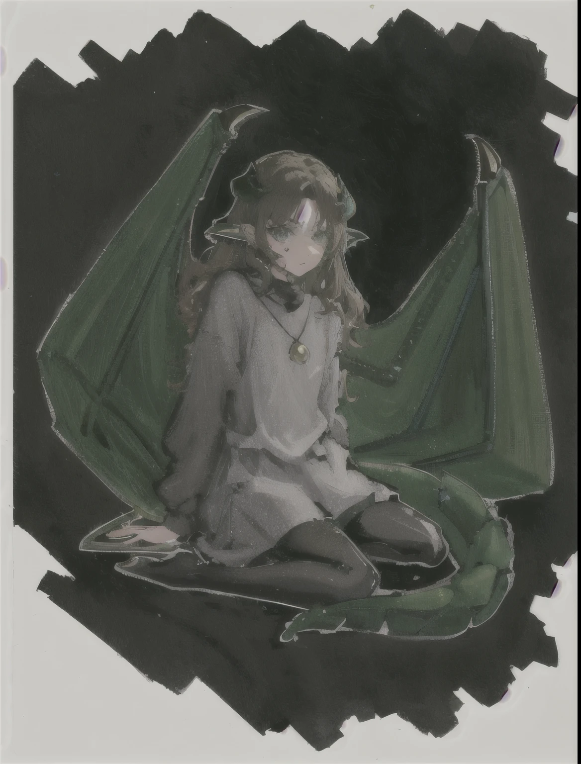 Little dragon girl, light brown curly hair, green dragon tail, green wings, horns go around the head, horns bend over the forehead, horns in a ring around the head, green eyes, sweetheart, looks thoughtful, sitting, gray long shirt, black tights, reading a book, black background, Makoto Shinkai stile
