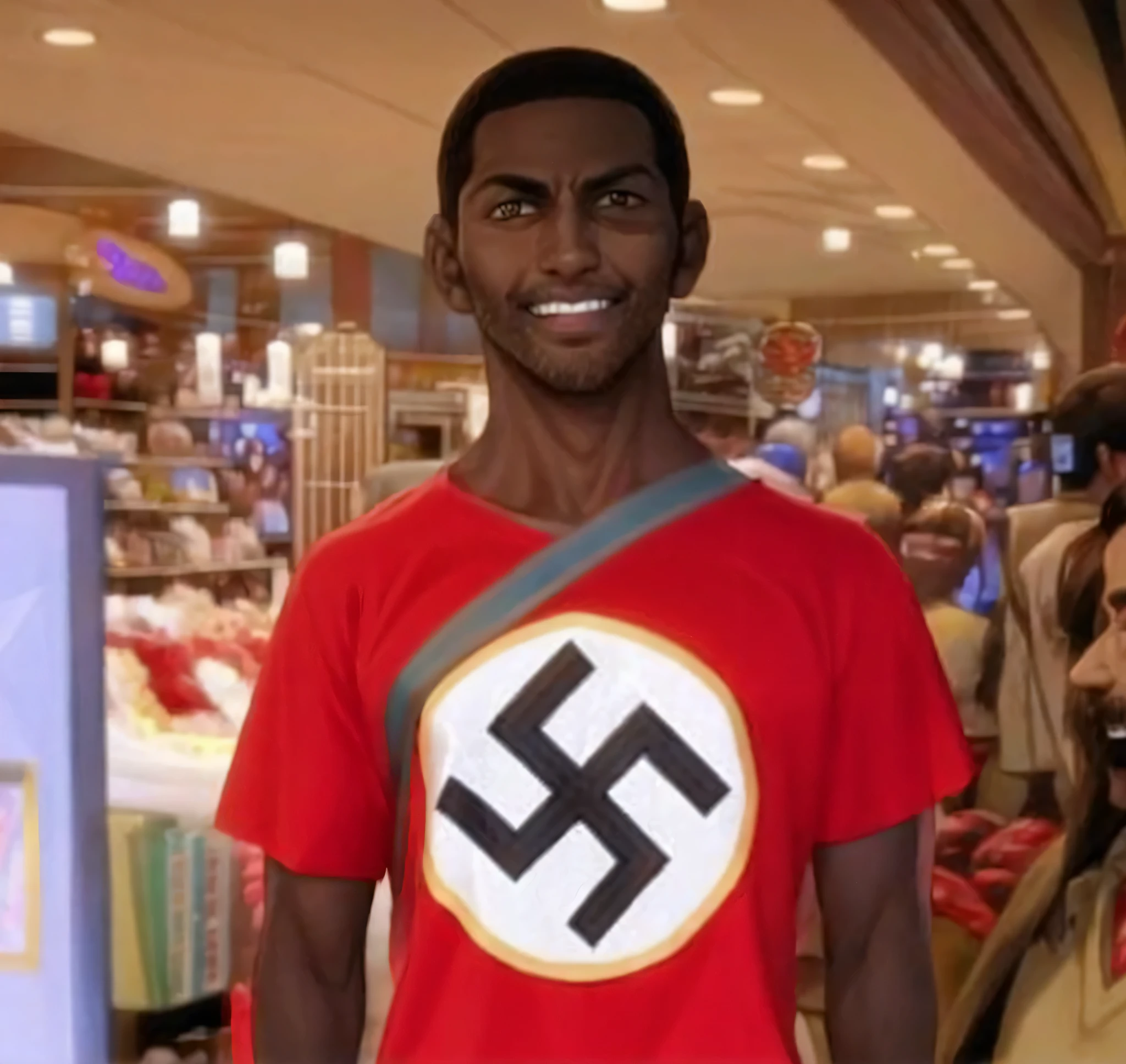 Arafed man wearing a red shirt with a Nazi symbol., apareciendo en un centro comercial, inspirado por Ismail Gulgee, de piel oscura, Hombre de piel morena con una sonrisa gigante, jayson devadas, en un centro comercial, Brown-skinned man Egyptian prince, Patriotic Nihilism, Emmanuel Shiru, foto de perfil, pudenda, Thomas Kinkaide