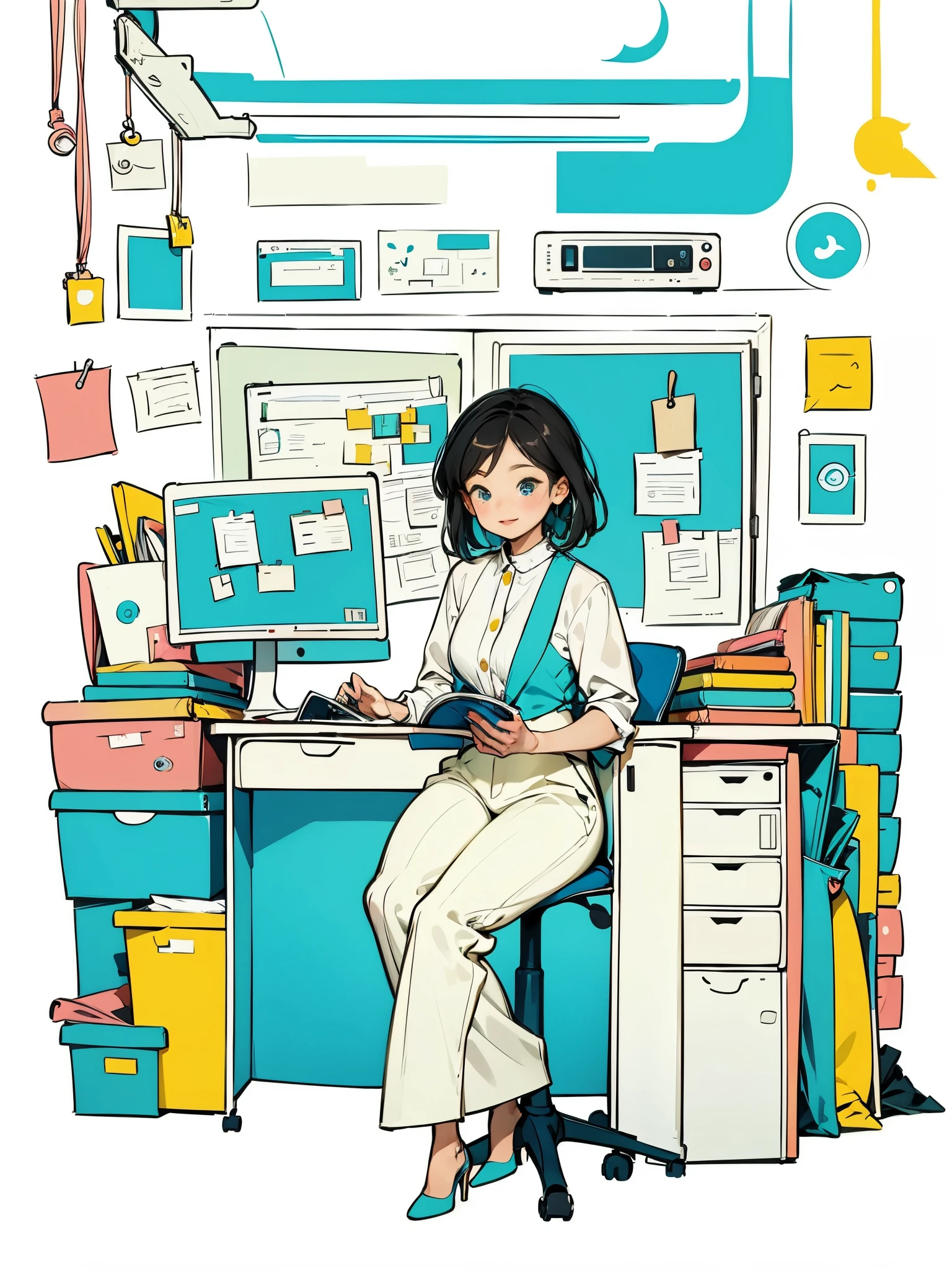 1 girl in white shirt and blue vest,pants,standing,working in office,longhair,smile,simple background