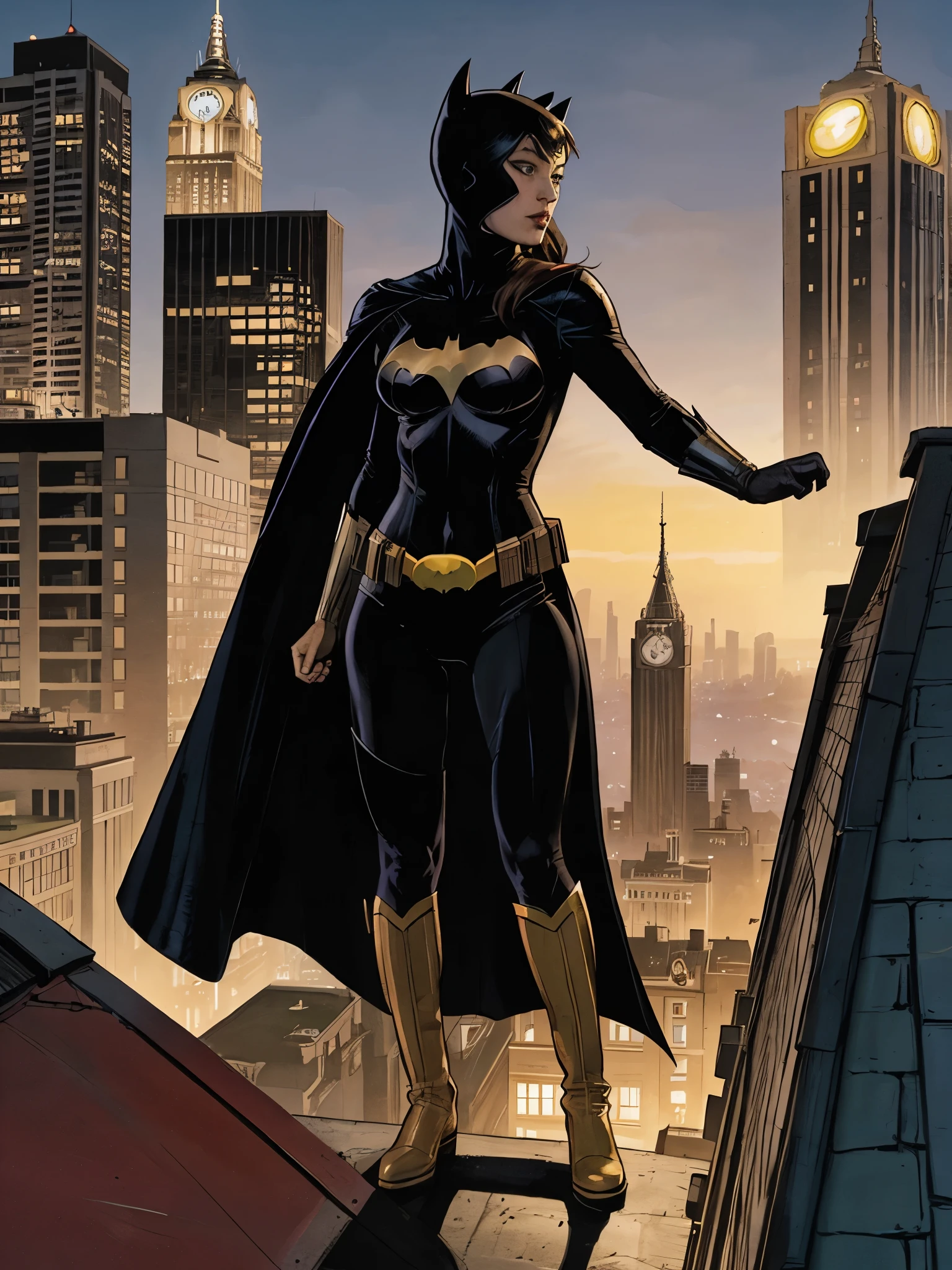 Batman stands on the roof overlooking the city at night, Batgirl, maika monroe Batgirl, Cassandra Cain in satin, Cassandra Cain, Dinah Drake, karen gillan Batgirl, textless, Anigirl Batman, bat, Selina, Brian Thomas, Amazing, Chris Moore. Artgerm, in the style Artgerm, inspired by stanley Artgerm, ivy