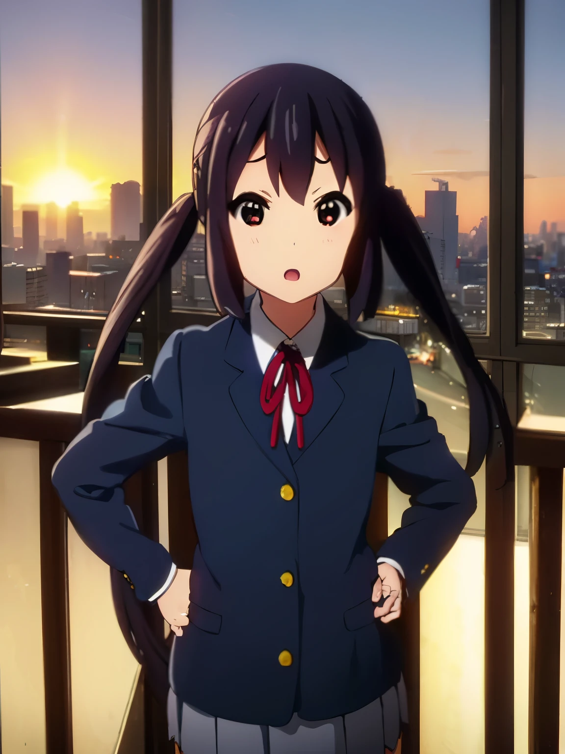 1girl, (((​masterpiece))), top-quality, top-quality, High Details, nakano azusa, 1girl, Sakuragaoka High School Uniform, student clothes, Twin-tailed, length hair, A dark-haired, brown-eyed, 独奏, reddish, Dark blue blazer with thin red ribbon, Solid white buttoned shirt under blazer, illustratio, comic strip, soothing tones, Subdued Color, Soft cinematic light, adobe lightroom, photolab, HDR, intricately and hyper-detailed、(((depth of fields))))。(((​masterpiece)))。(((top-quality))).)((ultra-detailliert)))。(((illustratio)))。(((takeout))).dynamic focus.big breasts.(((Skyscrapers))).(((A city scape))).(((Face of sadness))). open mouth.(((put hands on the hip))).(((up chest))).((evening glow)).((the setting sun)).