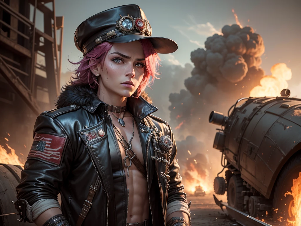 surfaces, to the intricate textures and patterns adorning the woman's clothing and accessories. The viewer is drawn into the image by the intense emotion and energy radiating from both the woman and the post-apocalyptic landscape. This masterpiece, with its best quality resolution, is a testament to the artist's skillful blend of punk aesthetics and dynamic storytelling. (8k, hyperrealism, digital art, concept art, surrealism, cinematic, explosive, post-apocalyptic, Mad Max, punk, leather, metal, dynamic, supreme quality, intricate details, cinematic lighting, metallic surfaces)

Imagine a capt