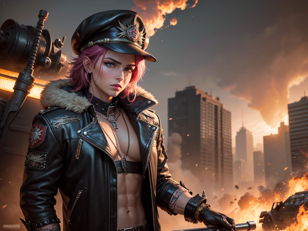 surfaces, to the intricate textures and patterns adorning the woman's clothing and accessories. The viewer is drawn into the image by the intense emotion and energy radiating from both the woman and the post-apocalyptic landscape. This masterpiece, with its best quality resolution, is a testament to the artist's skillful blend of punk aesthetics and dynamic storytelling. (8k, hyperrealism, digital art, concept art, surrealism, cinematic, explosive, post-apocalyptic, Mad Max, punk, leather, metal, dynamic, supreme quality, intricate details, cinematic lighting, metallic surfaces)

Imagine a capt