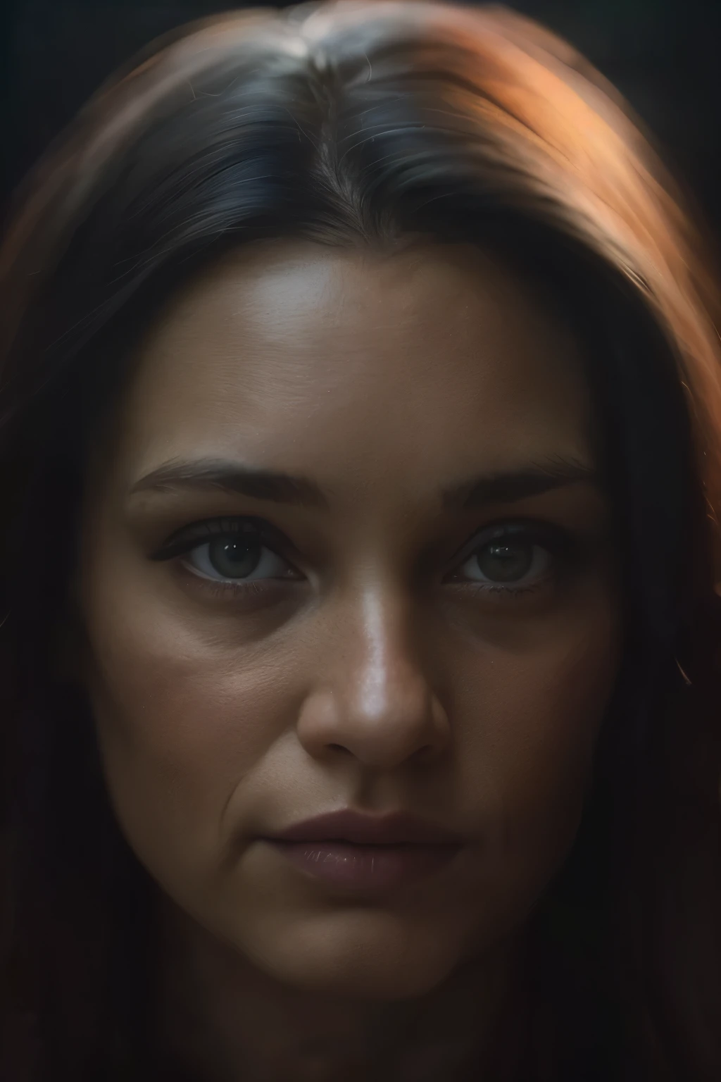 (close-up, editorial photograph of a 36 year old woman), (highly detailed face:1.4) (smile:0.7) (background inside dark, moody, private study:1.3) POV, by lee jeffries, nikon d850, film stock photograph ,4 kodak portra 400 ,camera f1.6 lens ,rich colors ,hyper realistic ,lifelike texture, dramatic lighting , cinestill 800,
