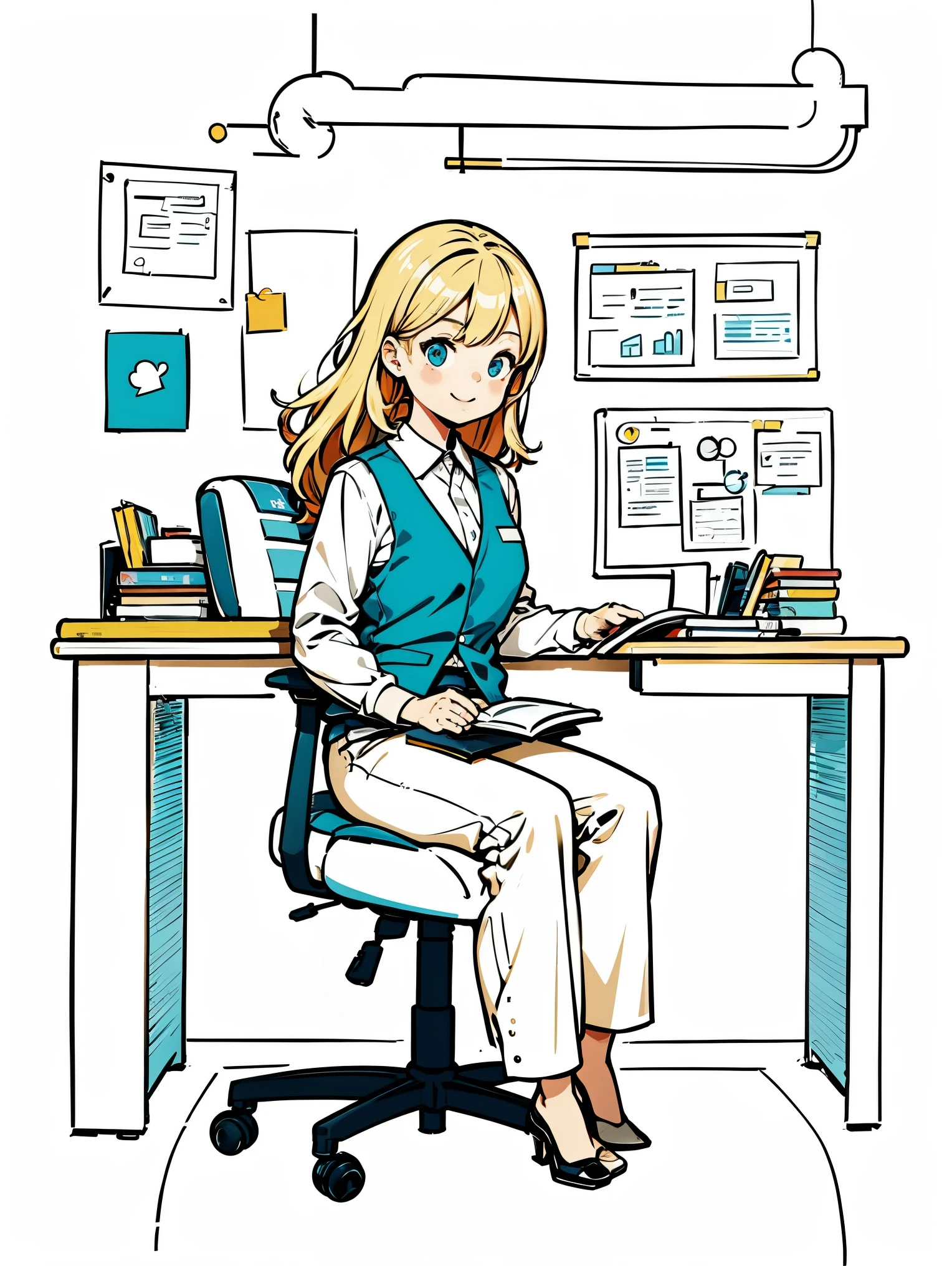 1 girl wearing white shirt and blue vest，Pants，sitting，working in an office，long hair，Smile，simple background，((anatomically correct, ccurate, high details, best quality))