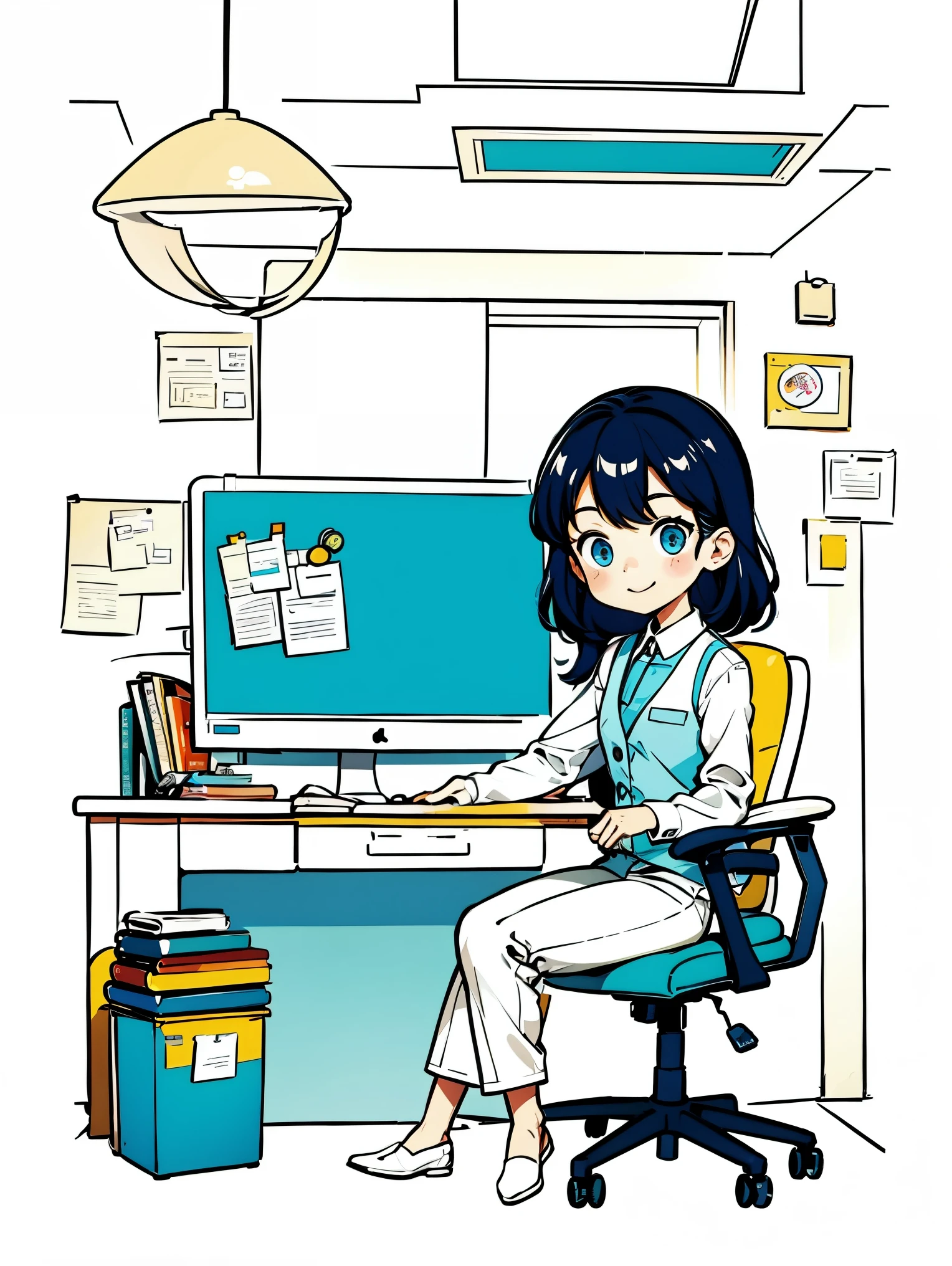 1 girl wearing white shirt and blue vest，Pants，sitting，working in an office，long hair，Smile，simple background，((anatomically correct, ccurate, high details, best quality))