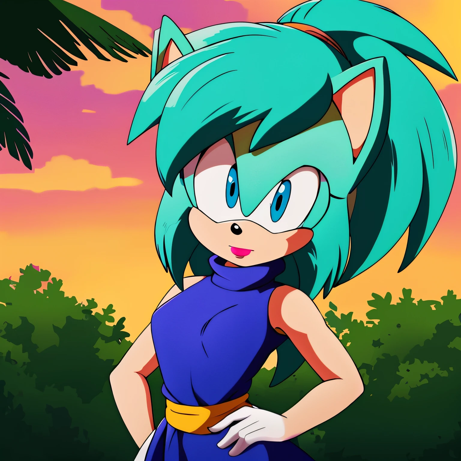 (((Bulma as a Mobian Hedgehog))), (great detail), (tropical background), 1girl, solo, aqua hair, aqua fur, blue eyes, 2D Sonic style, turtleneck, dusk, cloud, 1girl, solo, medium hair, blue eyes, outdoors, sleeveless, tree, aqua hair, makeup, lipstick, blue dress, expressionless, hand on hip, arm at side, looking to the side, medium breasts, upper body, fringe_trim, standing, white belt
