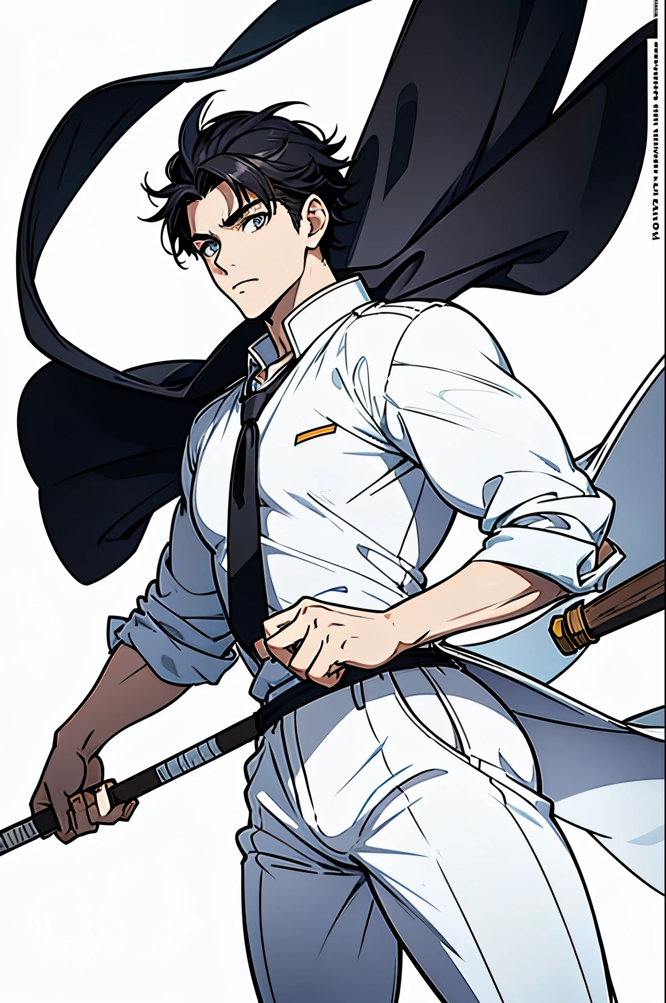 masterpiece, ultra detailed, 4K, 8K, 32K, intricate, (((1boy))), ((black hair)), (no background), white background, detailed eyes, white shirt and black pants, school uniform, handsome young man, 20 year old, (((same character))), dynamic pose, bokken, anatomically correct hands, holding bokken, average muscle mass, modern clothing, detailed clothes, (slender body)