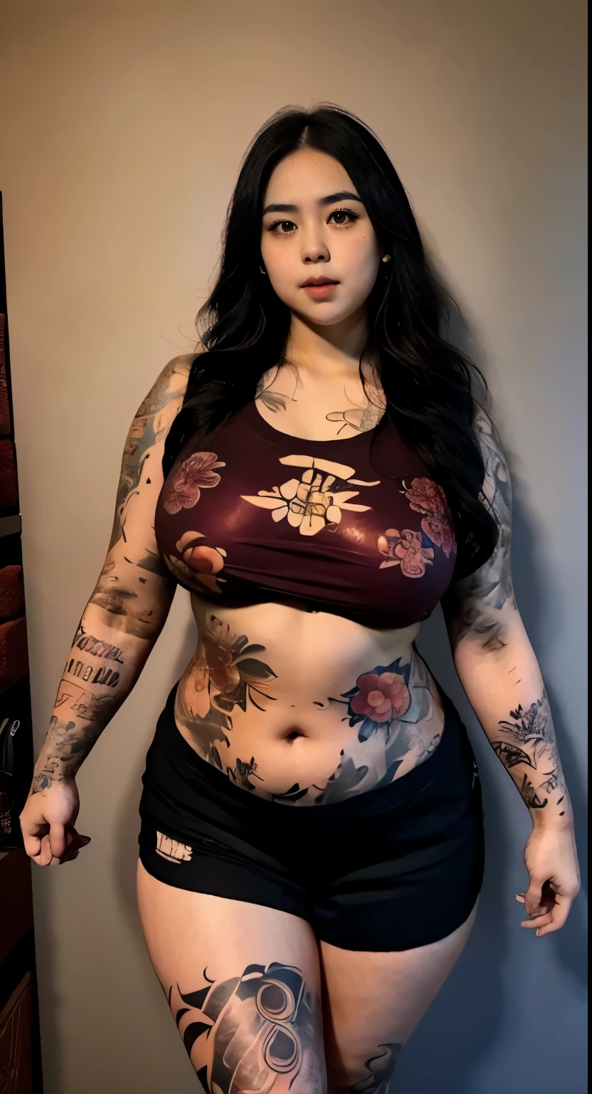 there is a woman posing in a dark room with a maroon t-shirt covered her belly and red thight skirt, thick body, beautiful thick female, wide hips, thick legs, she has a jiggly fat round belly, thick thighs, curvy hourglass figure, thicc, curvy model, widest hips, hyperrealistic full figure, bbwchan, voluptuous body, thick, tattooed body, tattooed hands, tattooed arm, ((Chubby woman:1.lump woman:1.3)), full body , ((Detailed texture of tattooed skin)), tattoo round breasts, irezumi tattoo style, tattoo on breasts, tttattoo, showing her thigh , tattoo on thigh, a close up of a woman with tattoos on her body, inked, tattooed body, fully tattooed body, tattooed, full-body tattoos, full - body tattoos, , full body tattoo, with tattoos, , tattoos, tattoos all over the skin, tattoos and piercings