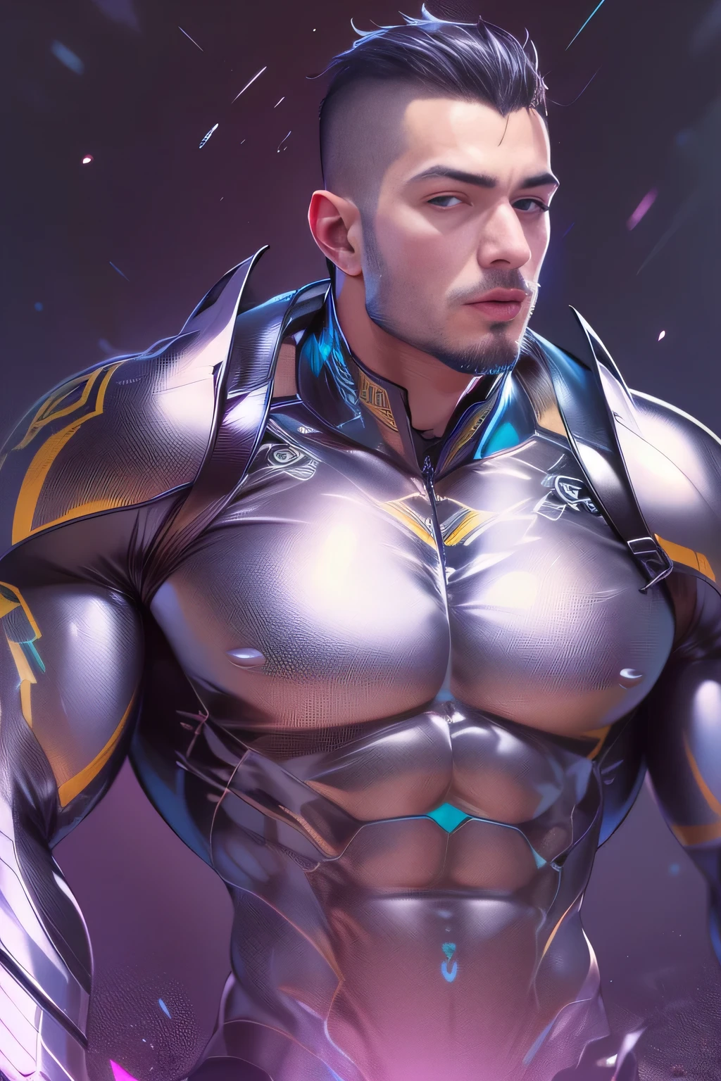 (mid_shot:1.3),(1 male:1.2),(muscle man:1.1),(frontal illumination:1.2),with a silver body and glitters with lights above,extreme iridescent reflection,in the style of vray tracing,vibrantmanga,shiny/ glossy,rococo pastel,fluid form,tinycore,fluid impressions,vray,machine aesthetics,yanjun cheng,silver,shiny eyes,fluidform.,the young warrior,male characteristics, detailed bulge, vpl, beard