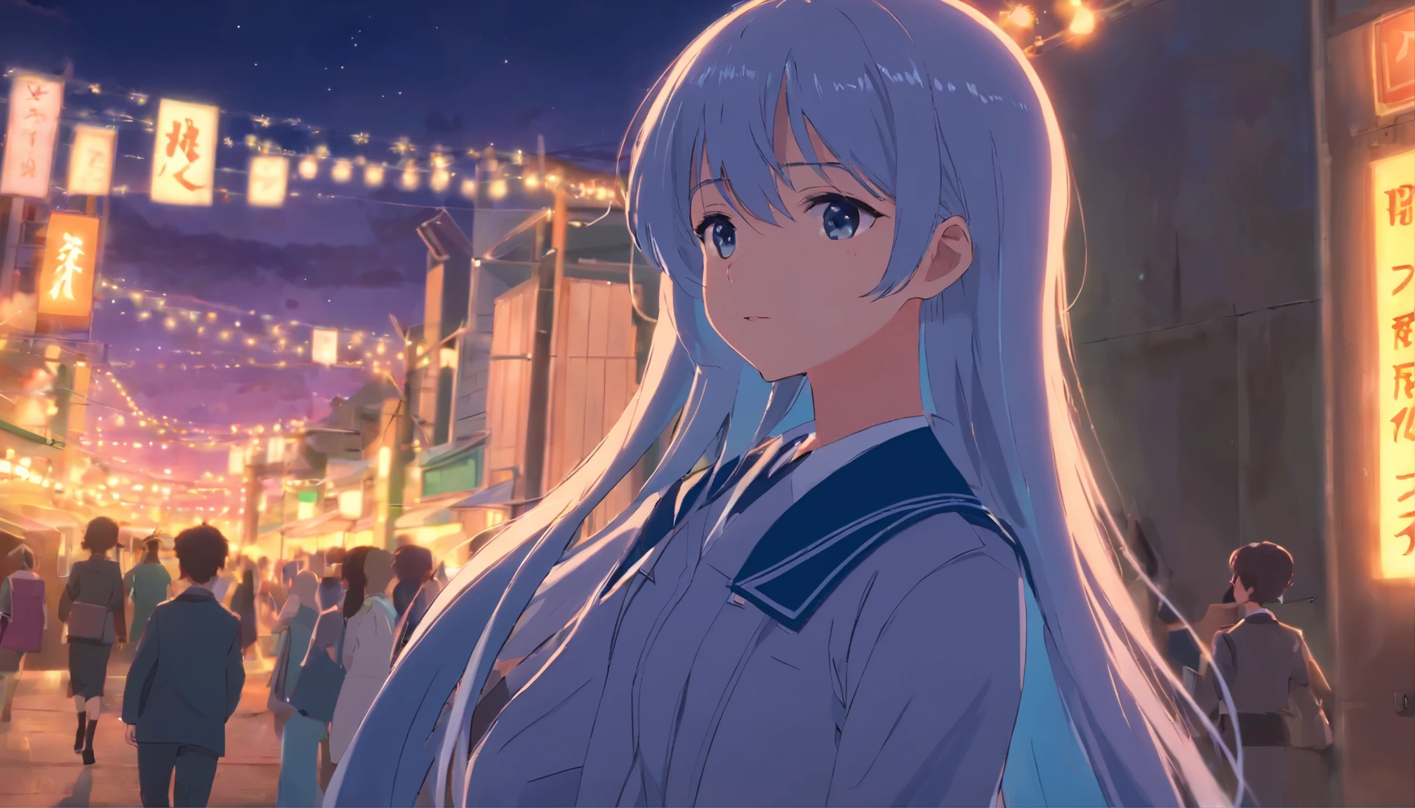 long hair，night，full moon，silver haired girl，uniform，slight smile，View photos taken