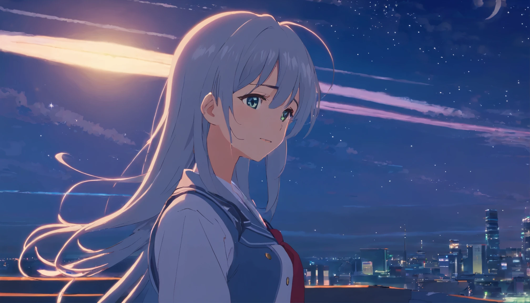 long hair,night,full moon,silver haired girl,uniform,slight smile,View photos taken