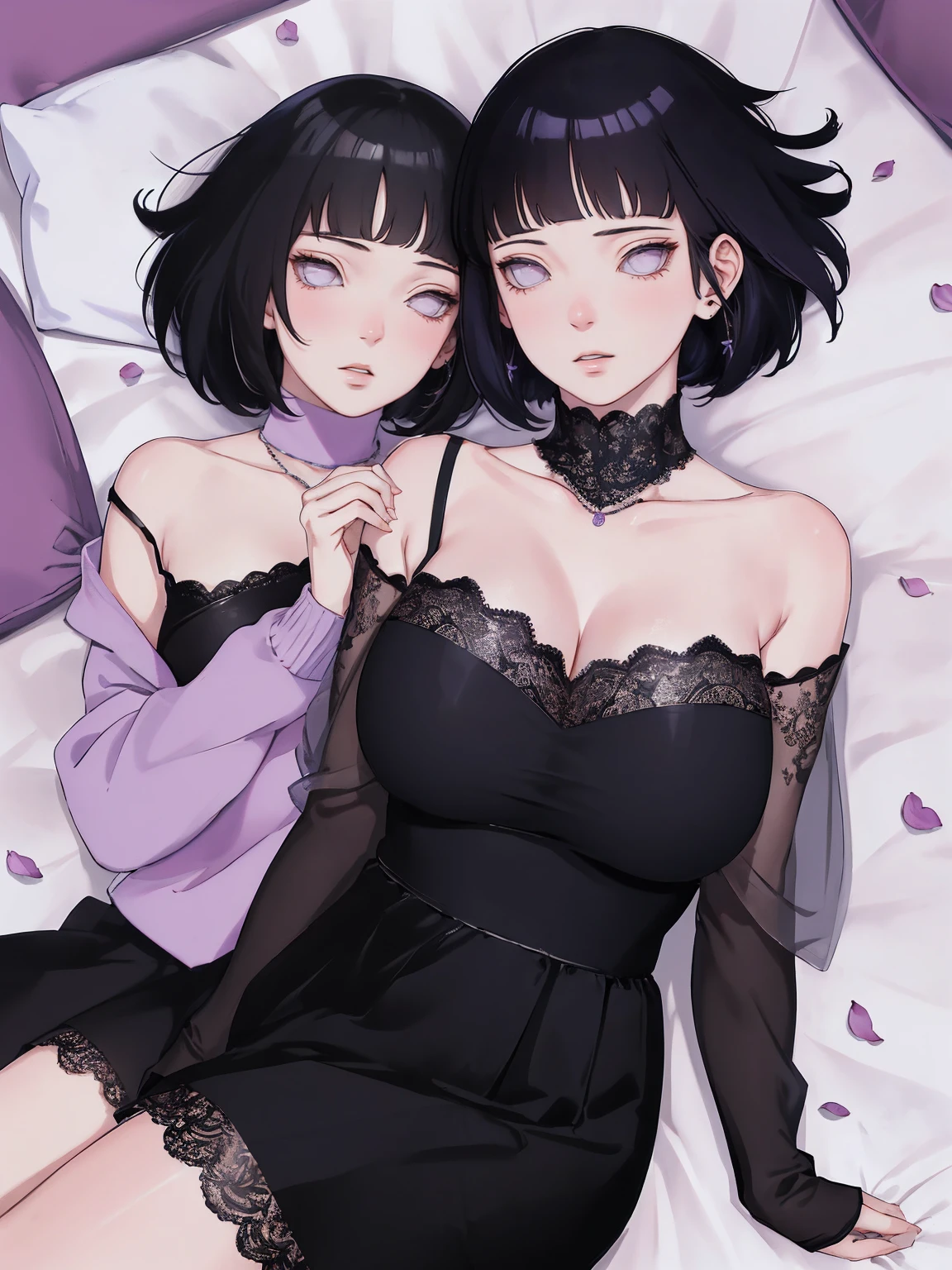 { - anatomy error} (Masterpiece - Ultra-detailed, very high resolution) (huge titusty, masterpiece, absurdres, hinata\(boruto\), 1girl, solo,mature female, off-shoulder bra, high waist black short skirt, looking at viewelling petals), perfect composition, detailed lips, big breast, beautiful face, body propotion, blush, (pink lips), short hair, (black hair), purple eyes, soft gaze, super realistic, detailed, photoshoot, realistic face and body, closed mouth, laying on the bed , lilac eyes, full body, lace clothes, with chin resting on shoulder, perfect fingers