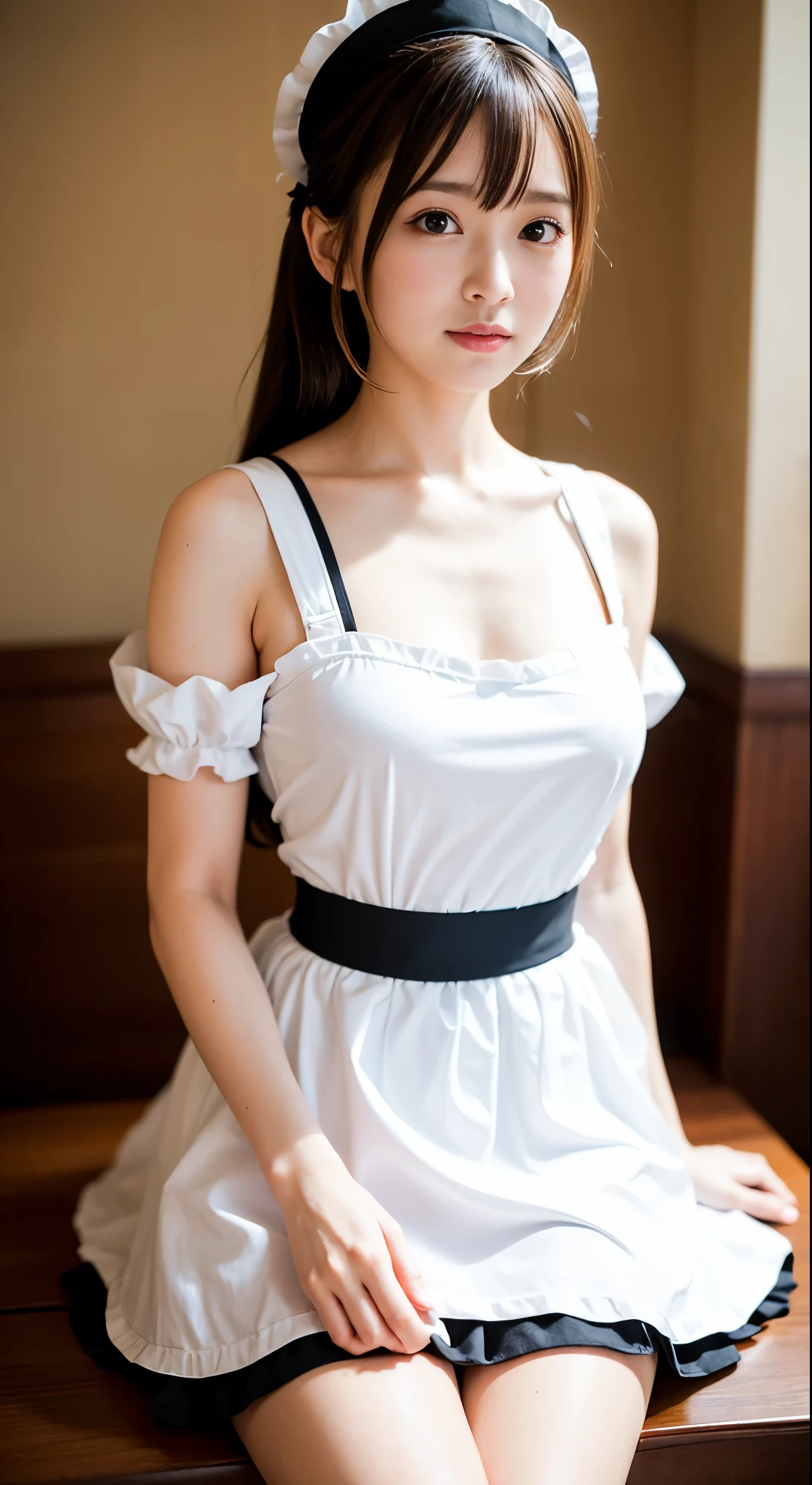 (8K quality, RAW Photos, highest quality), High resolution photos, Professional photos, (reality, Realistic photos:1.37), ((highest quality)), (25-year-old Korean adult beauty), (Beautiful face with double eyelids:1.2, Transparent double eyelids), ((Details of maid clothing:1.2)), (large and impressive eyes, ), Are standing, White panties, Long and beautiful legs, Big Breasts, Bra exposure, (Photographed at the palace, The palace is very bright and luxurious..), Seaweed, Pose of lifting skirt to show panties, (Laugh with your mouth closed, Make eye contact with your audience), Small panties, Skirt flip, (masterpiece:1.5)