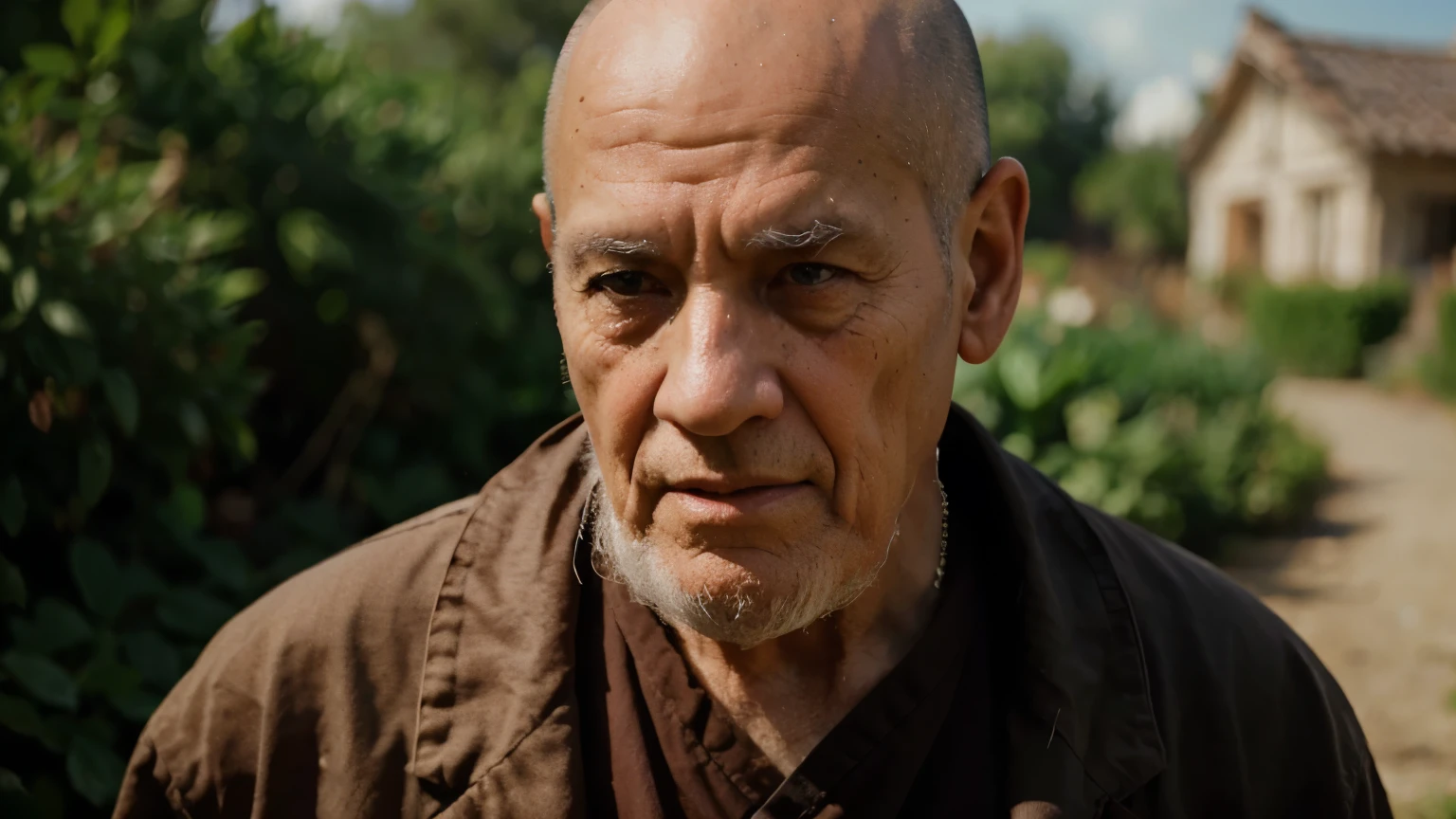 great quality, hyper realistic, image of an elderly monk, old man, with wrinkles, background image a blurred field, cinematic, 8k