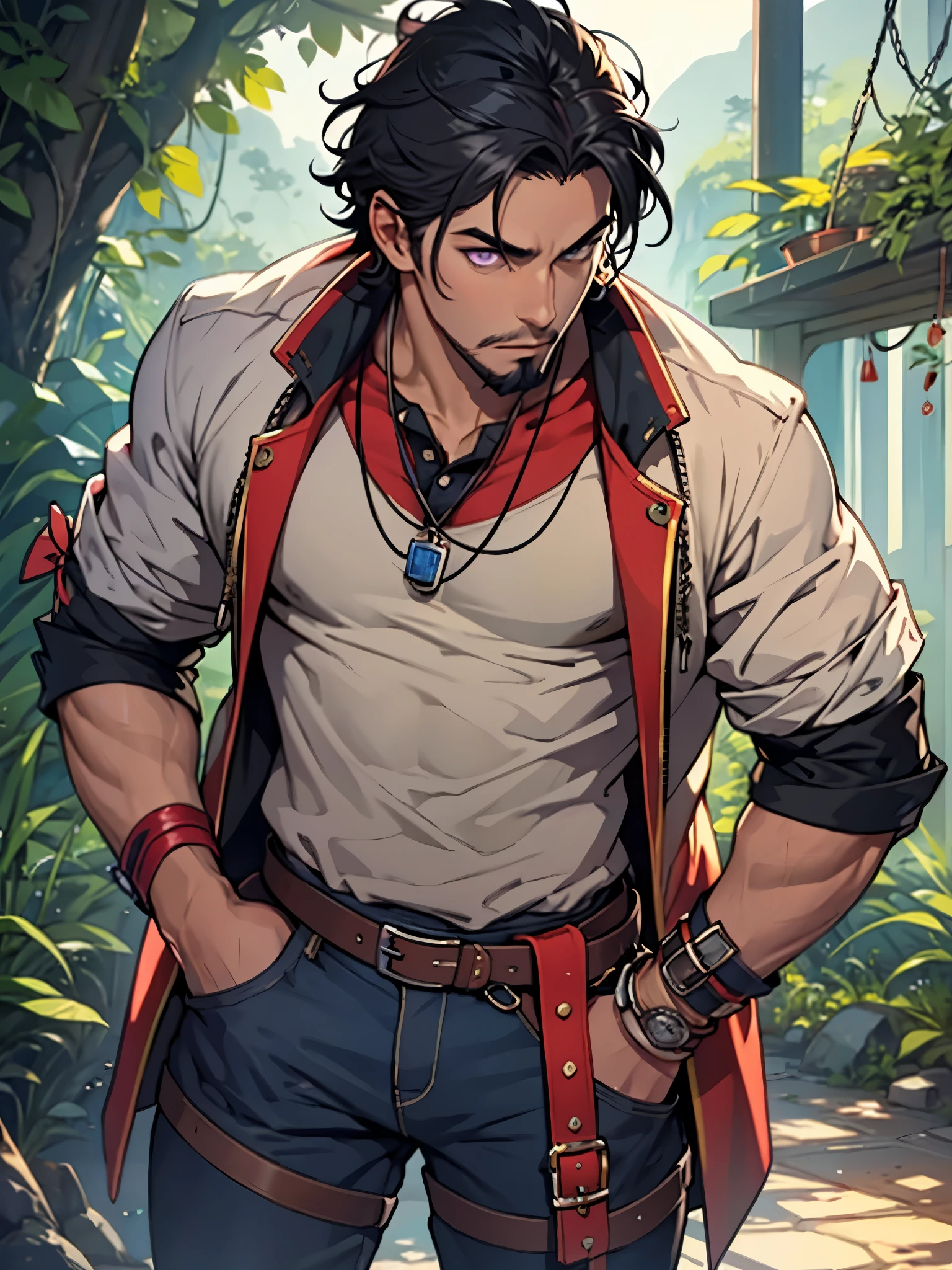 solo, male, (( fair skin, smooth skin)) (regal hair, black hair), purple eyes, detailed face, detailed clothes, detailed face, detailed eyes, goatee, muscular frame, tattered shirt, traveler slacks, accessories, tan trousers, fantasy boots, (fantasy desert), (by meesh, masterpiece, high quality, hi-res,8k), standing,close-view portrait, looking at viewer, outdoor, sunny, calm expression,