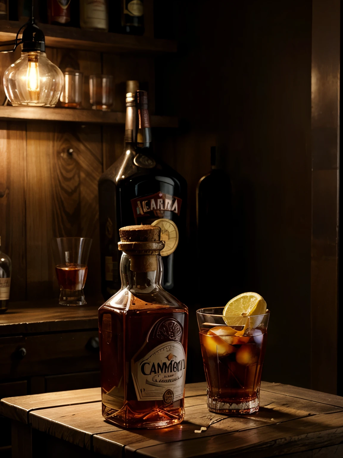 Negroni, Campari vermouth bottle and gin bottle, warm light