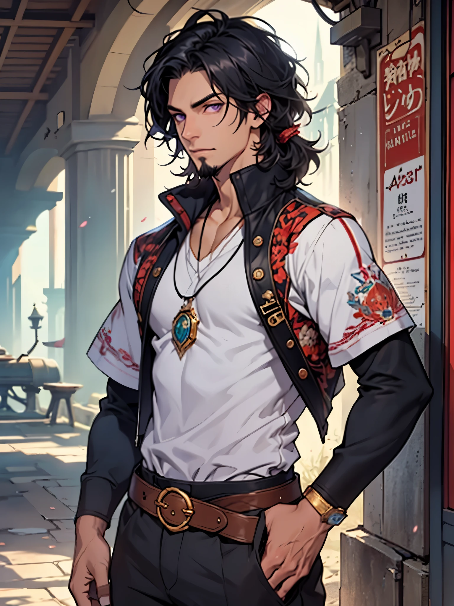 solo, male, (( fair skin, smooth skin)) (regal hair, black hair), purple eyes, detailed face, detailed clothes, detailed face, detailed eyes, goatee, muscular frame, tattered shirt, traveler slacks, accessories, tan trousers, fantasy boots, (fantasy desert), (by meesh, masterpiece, high quality, hi-res,8k), standing,close-view portrait, looking at viewer, outdoor, sunny, calm expression,