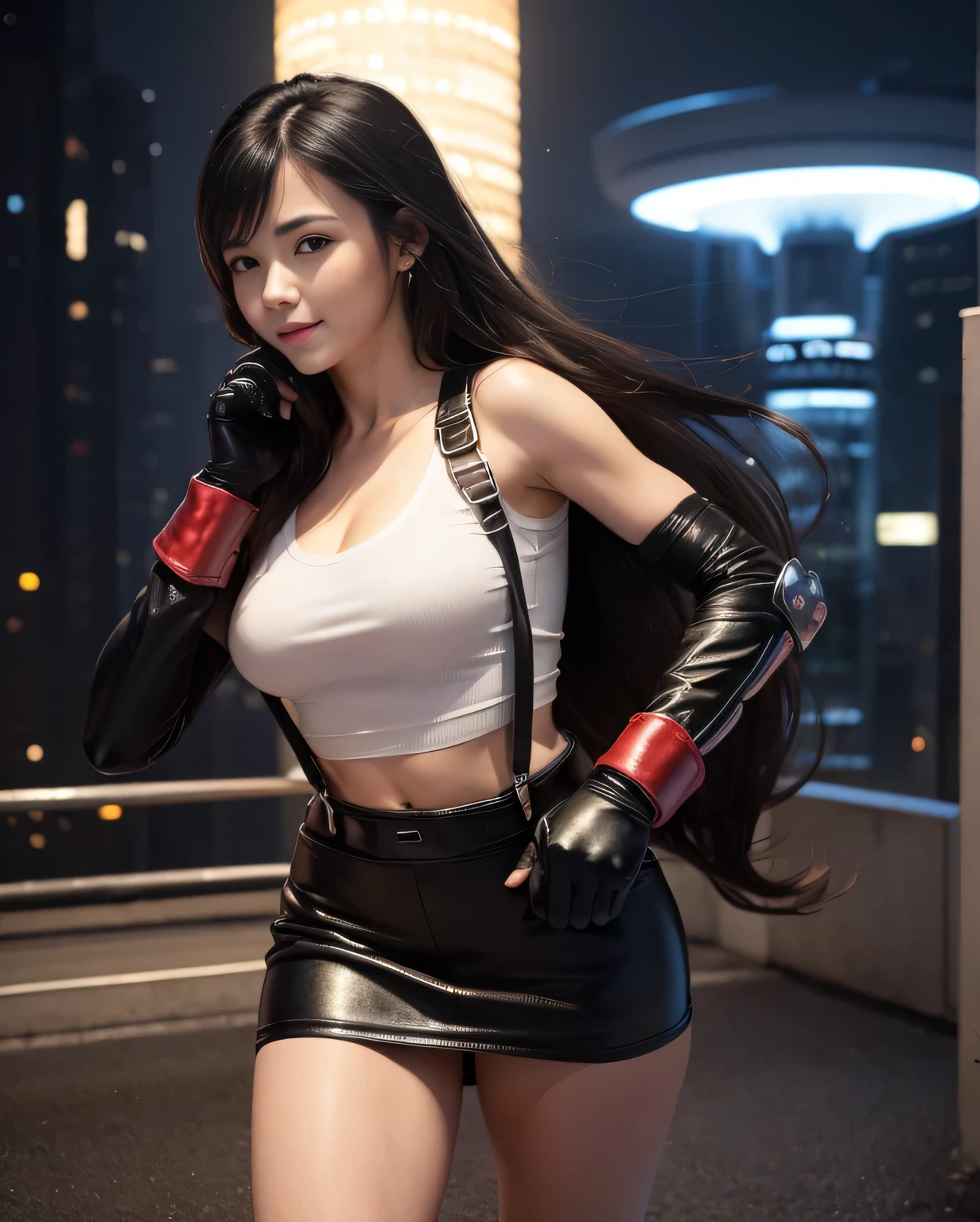 (masterpiece, highest quality:1.4), ( girl), (front shot), (1 girl:1.2), (Too cute small face), (Clothes that are too close to the skin:1), Deftifa, white crop top, elbow pad, fingerless gloves, suspenders, pencil skirt, black socks, red boots, whole body, Medium chest, looking at the viewer, sexy smile, futuristic city at night, beautiful face, highly detailed face, highly detailed skin, skin pores, scattered below the surface, realistic pupils, Medium chest, blush all over the face, lip whole, detailed background, software, written boundary depth, volume lighting, sharp focus, confused, realistic proportions, excellent anatomy, (realistic, hyperrealistic:1.4), 16K HDR,