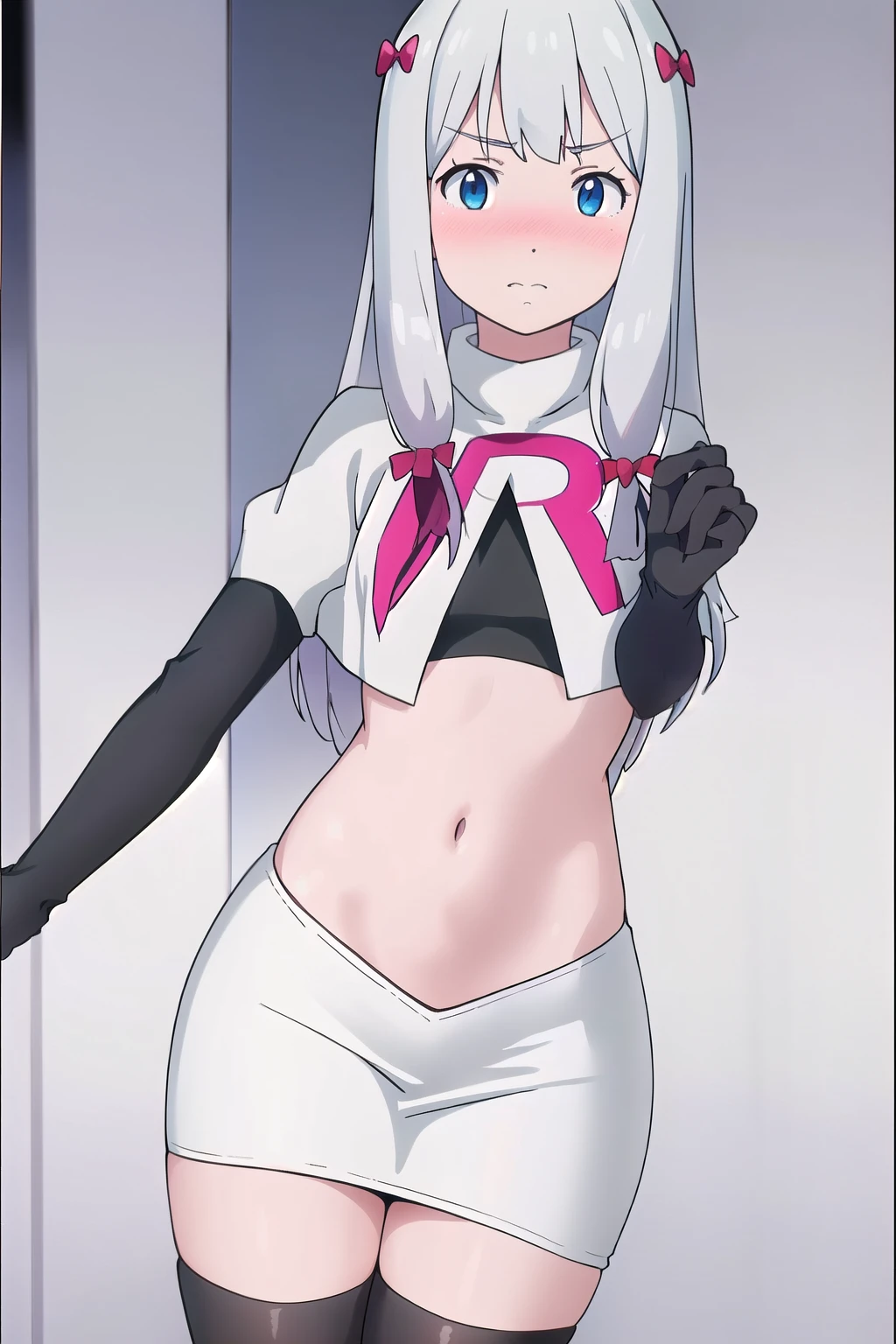detailed,masterpiece,ultra-detailed,solo,(white background:1.3),izumi_sagiri,bow, pink_bow, long_hair,silver hair,hair_bow,  nose blush, team rocket,team rocket uniform,white skirt,red letter R,crop top,black thigh-highs,black elbow gloves