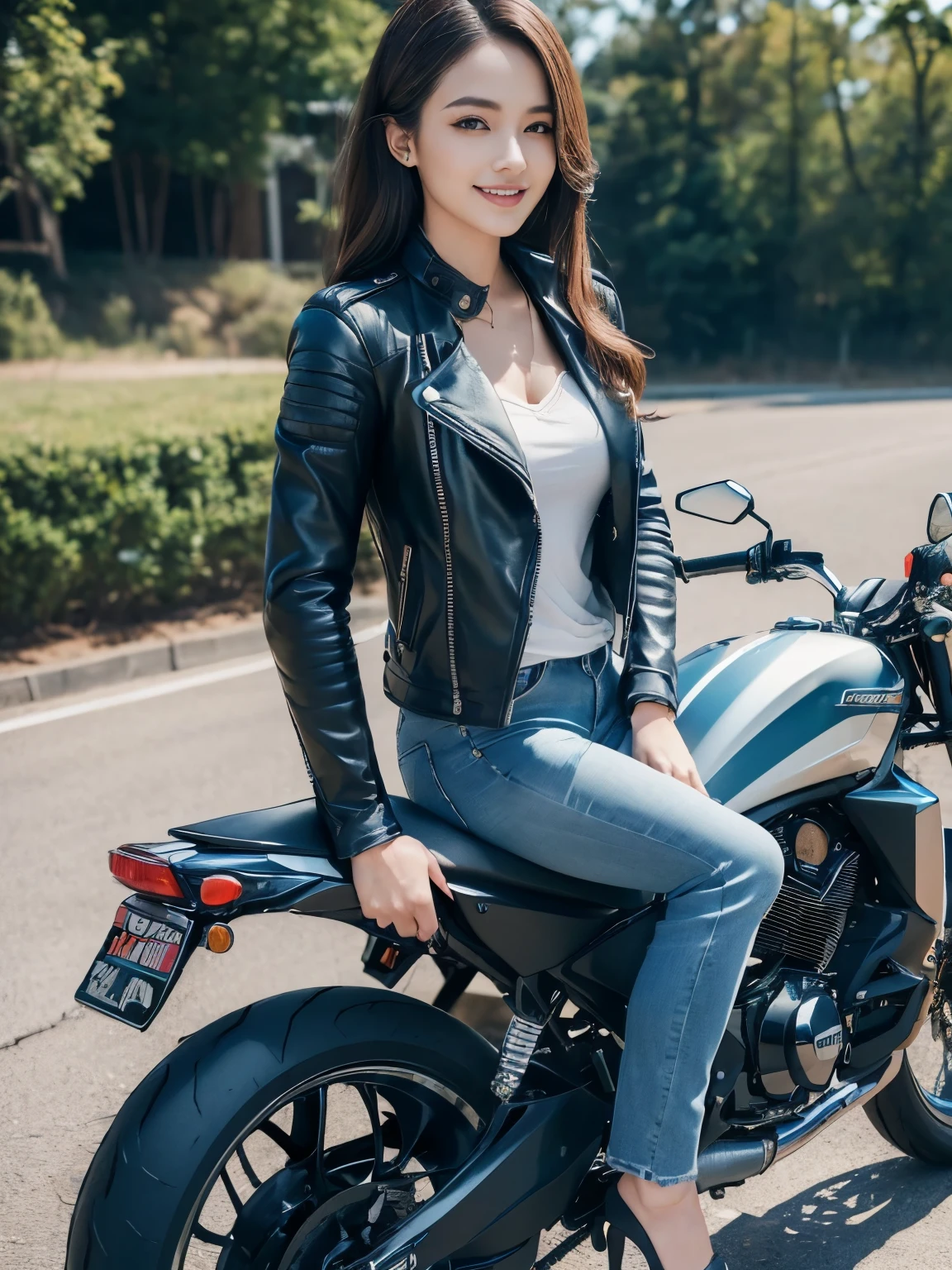 ((highest quality, 8K, masterpiece: 1.3)), sharp: 1.2, perfect body beauty: 1.4,(((Woman on Motorcycle))),slender body,((Blue long sleeve motorcycle jacket and jeans)),Highly detailed face and skin texture,((full body shot)),Natural light,smile、model pose