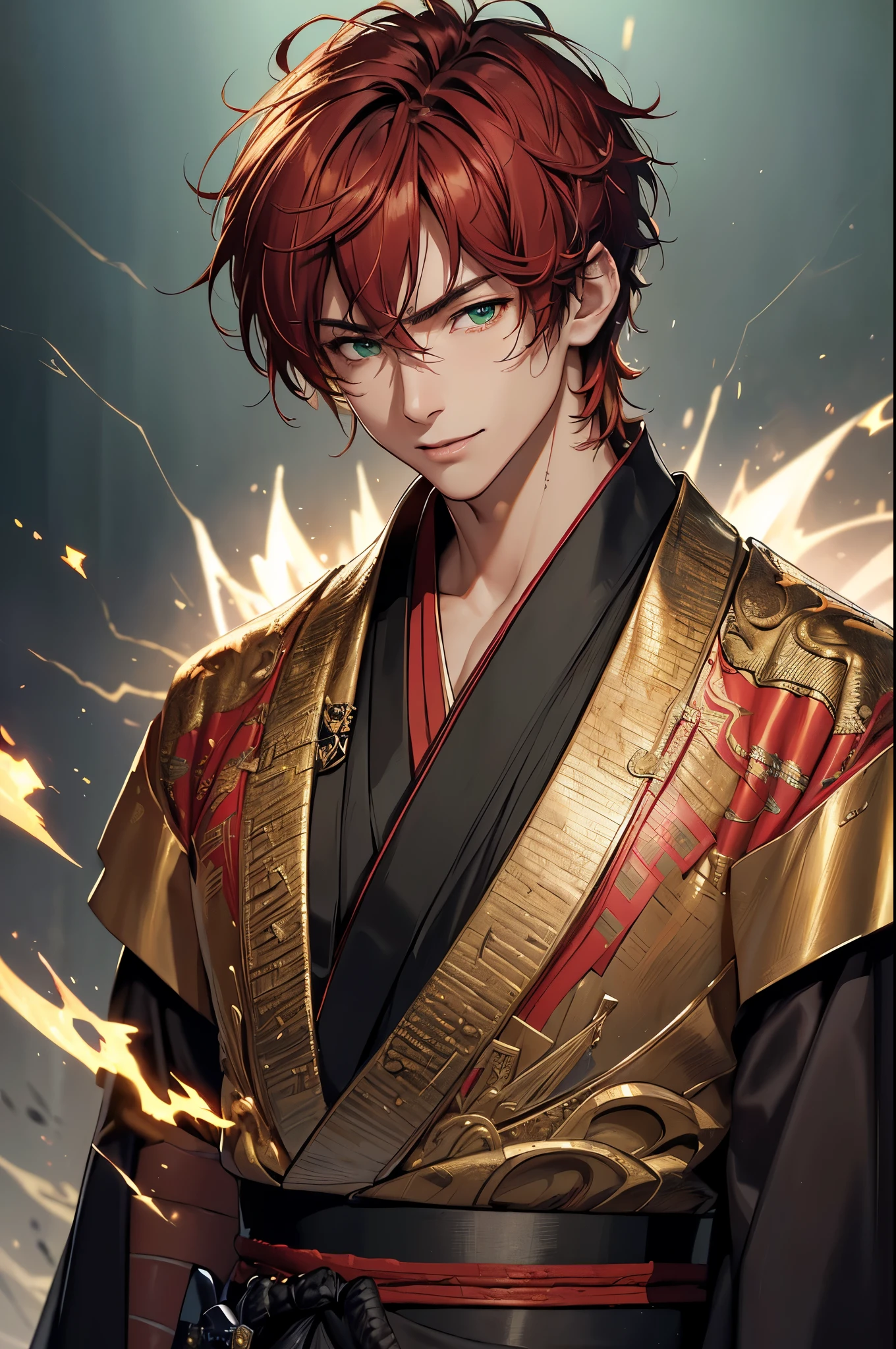(masterpiece, Best Quality, absurdres, 8K resolution, HD wallpaper), cinematic lighting, raytracing, depth of field, Hyper Detailed, (vivid illustration and photorealistic oil painting techniques), Create a sense of depth and texture.((Solo Boy)), Handsome, Seductive smile, libido boy, red hair, ((deep green eyes, highly detailed CG, beautiful detailed eyes, super detailed)), (fractal art: 1.2, lightning sparks, plenty of lightning: 1.5, electrifying), (((samurai clothes, silk robe, intricate design))), cowboy shot, looking at viewer, upper body, muscular, swordsman,