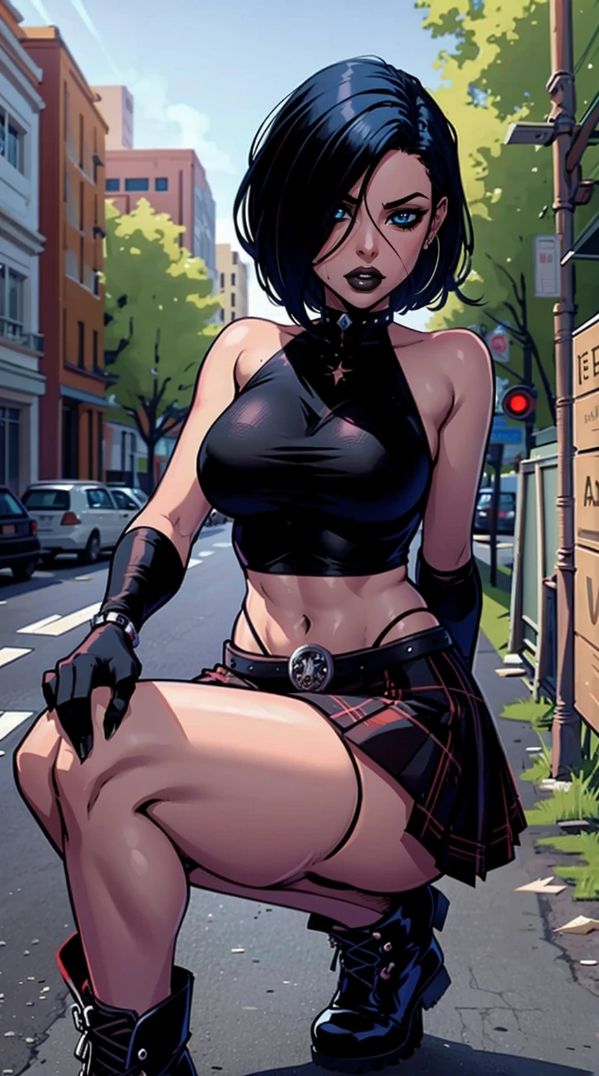 a woman with short black hair, hair on shoulders,  wearing a black cropped  and plaid skirt, blue eyes, zombie art, gothic art, cute aesthetic with vibe, toon aesthetic, wearing red costume, wearing gothic accessories, look like Cassie Hack, whole body, on his knees  ,on his knees holding a skull in his hand, zombie background