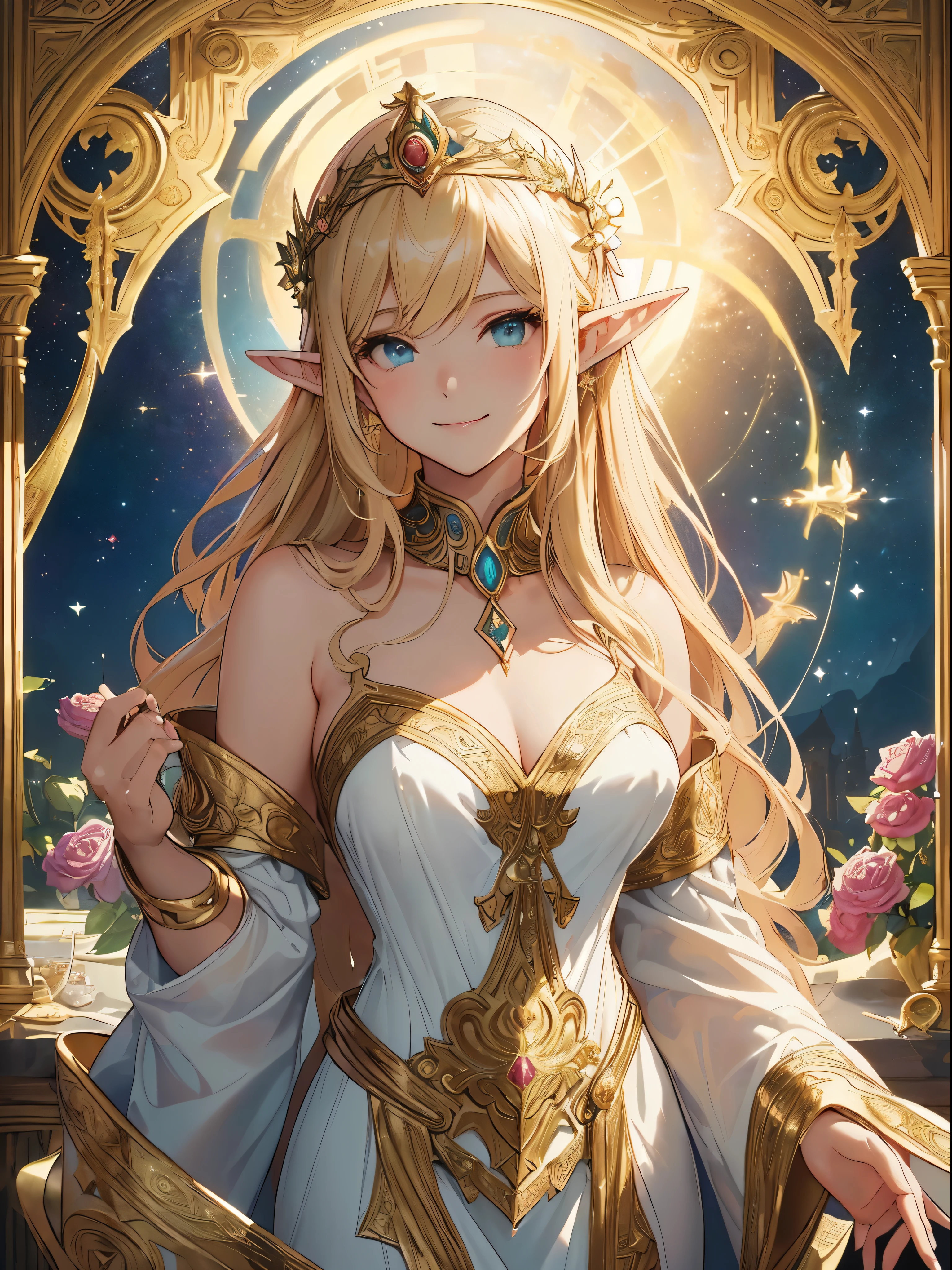 最high quality、best image quality、masterpiece、Super beautiful elf beauty((22 year old office lady big bust、bust 90,beautiful long ironed hair、blonde、table、Tea 🫖、thin、close、Esbian、beautiful tiara、high quality、beautiful art、background((Starry Sky Skiing)))pieces fly、visual art、written boundary depth、、elf ears、、光のmagic、space knight、harp melody🎵、happy smile、Gentle light、、、ticker beautiful decorative、elegant、Mysterious rosa、 heaven、Pretty dressesy、Pretty dresses、、Huge galaxy、、temple of time、wonderful時計、hourglass、sundial、moment of creation!myth、alphonse mucha art、art nouveau、ancient greece、Rome、byzantine art、gold foil、Raphael'painting of a、renaissance art、Lord of the Ring、sexy、friendly smile、wonderful、、flower、super REALITY lots of roses、Little Fairy、magic、壮大なflower畑