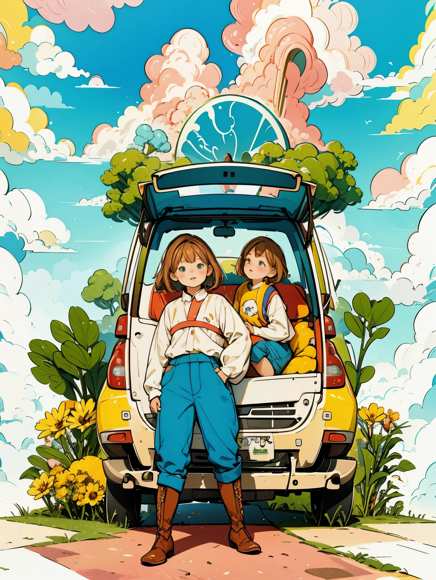 1girl,flower, tree, ground vehicle, rabbit, outdoors, pink flower, brown hair, cloud, grass, long sleeves, sky, vest, yellow flower, motor vehicle, day, red flower,  blue sky, holding, boots, house, pants, smile, standing, car, Soft warm colors, smooth lines, simple style, unlimited color palette, flat anime style