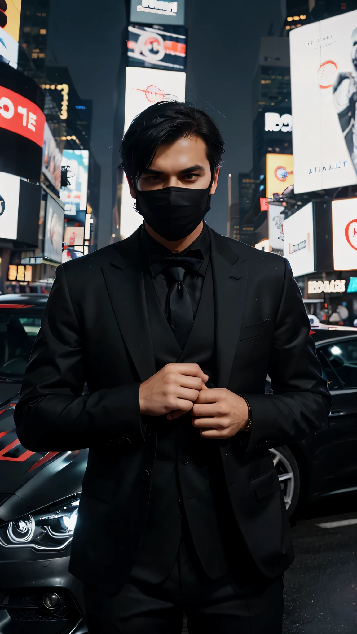 homem com roupas elegantes, charming short black hair with mask, ao lado de um super carro esportivo, in the middle of the square of time, money falling from the sky, uma foto ultrarrealista