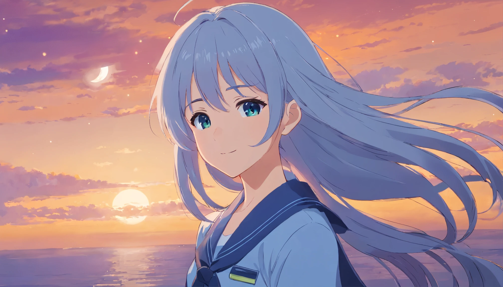 long hair，night，full moon，silver haired girl，uniform，slight smile，View photos taken