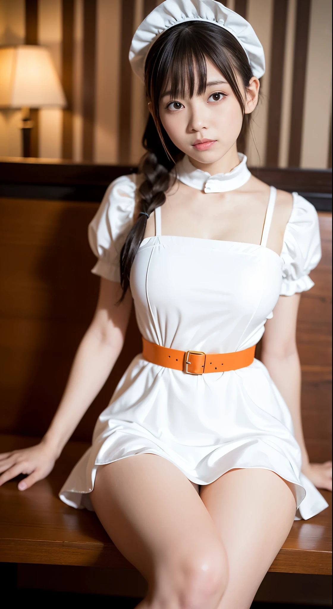 There is a woman sitting on a bench in a restaurant, Anna Millers uniform、showing white panties、spread your legs,Show white panties,thin waist、big exy ponytail、Sexy、Girl to La(Girl and La)(Girl and La)(Girl and La)(Girl and La)(Girl and La), Ayaka cosplay, white and orange breastplate, maid dress, anime girl cosplay, , wearing a maid outfit, cosplay, maid costume, maid costumeを着たアニメの女の子