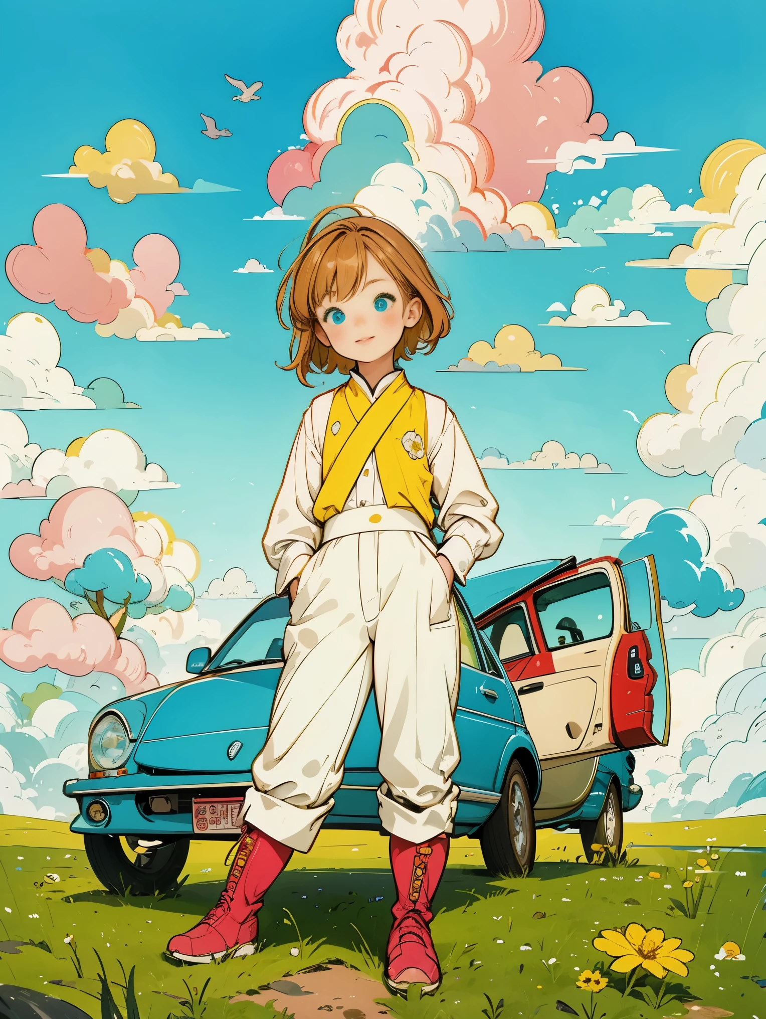 1girl,flower, tree, ground vehicle, rabbit, outdoors, pink flower, brown hair, cloud, grass, long sleeves, sky, vest, yellow flower, motor vehicle, day, red flower,  blue sky, holding, boots, house, pants, smile, standing, car, Soft warm colors, smooth lines, simple style, unlimited color palette, flat anime style