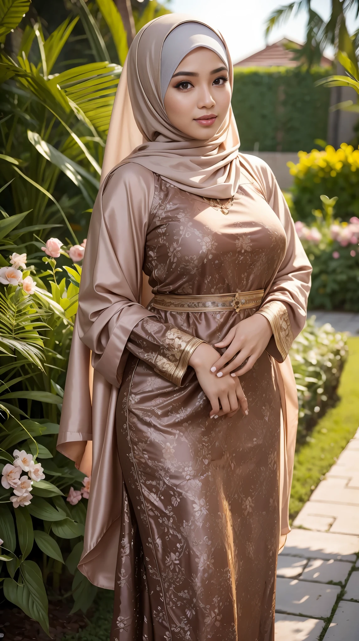 RAW, Best quality, high resolution, Masterpiece: 1.3), Beautiful Malay woman in hijab,Masterpiece, best quality,8k, brown eyes, perfect eyes,big breasts,long baju kurung,Garden flower