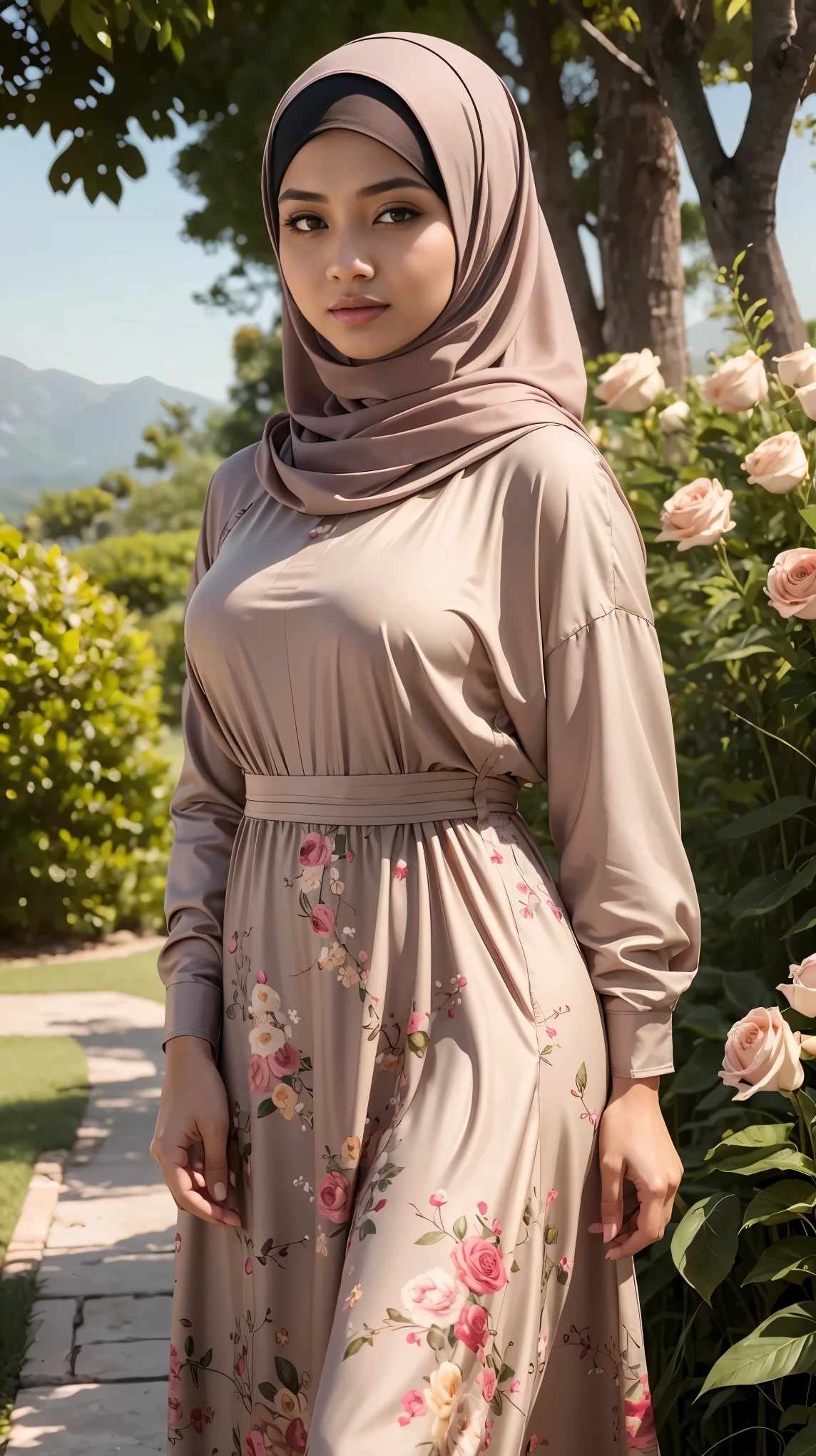 RAW, (Best quality, high resolution, work: 1.3), Beautiful Malay woman in hijab, perfect fit body, Big breast,Beautiful big eyes, Soft smile, beautiful face, slightly open mouth, thick thighs, beautiful buttocks, RAW, Best quality, high resolution, masterpiece: 1.3), beautiful Malay woman in hijab, Masterpiece, perfect fit body, big breasts, thick thighs, beautiful big eyes, Soft smile, standing on a stone step with a purse, batik, long dress female, full covered dress, hijab, wonderful masterpiece,beautifull girl, dress, in lace brown dress, with lovely look , beautifull woman in garden flowers