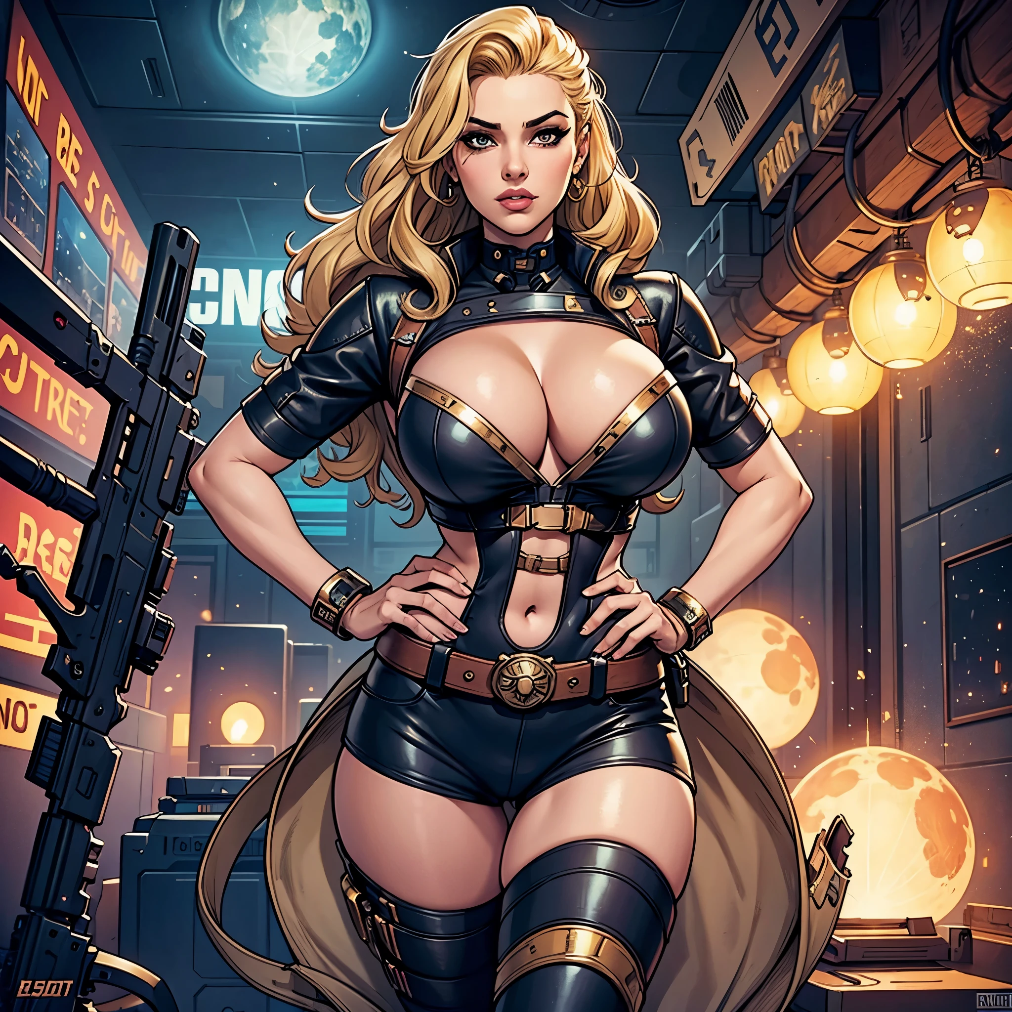 1girl, (sexy space pirate with clothing which is a mix of pirate, cowboy and 50s scifi clothing), (blonde), long curly hair, ((cleavage)), beautiful, sexy, a masterpiece, highly detailed, best quality, scifi technology, (((big breasts))), tight clothes, feisty, cute, pirate, cowgirl, 1950s science fiction, (saloon background with scifi elements), dynamic pose