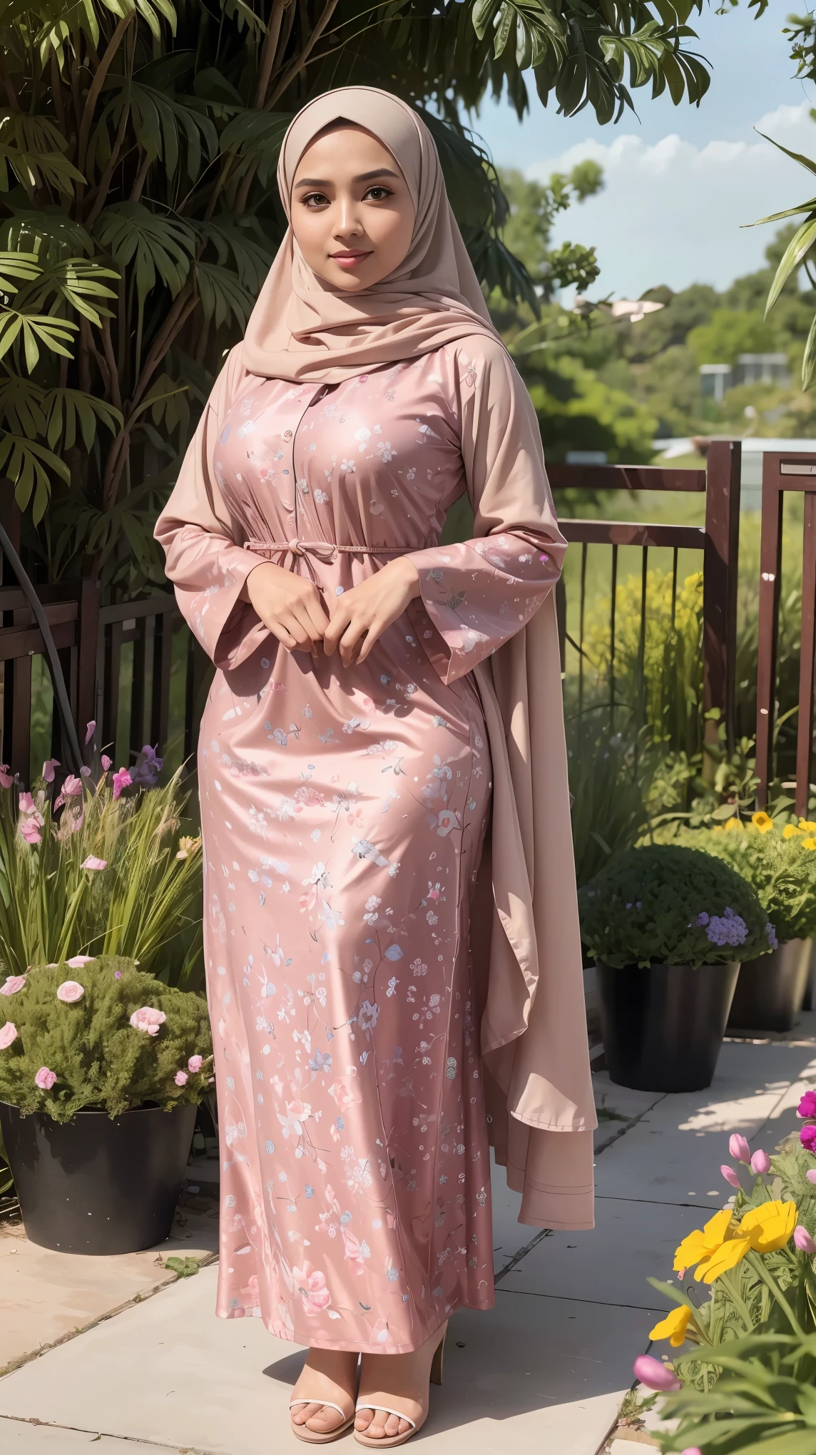 RAW, Best quality, high resolution, Masterpiece: 1.3), Beautiful Malay woman in hijab,Masterpiece, best quality,8k, brown eyes, perfect eyes,big breasts,long baju kurung,Garden flower