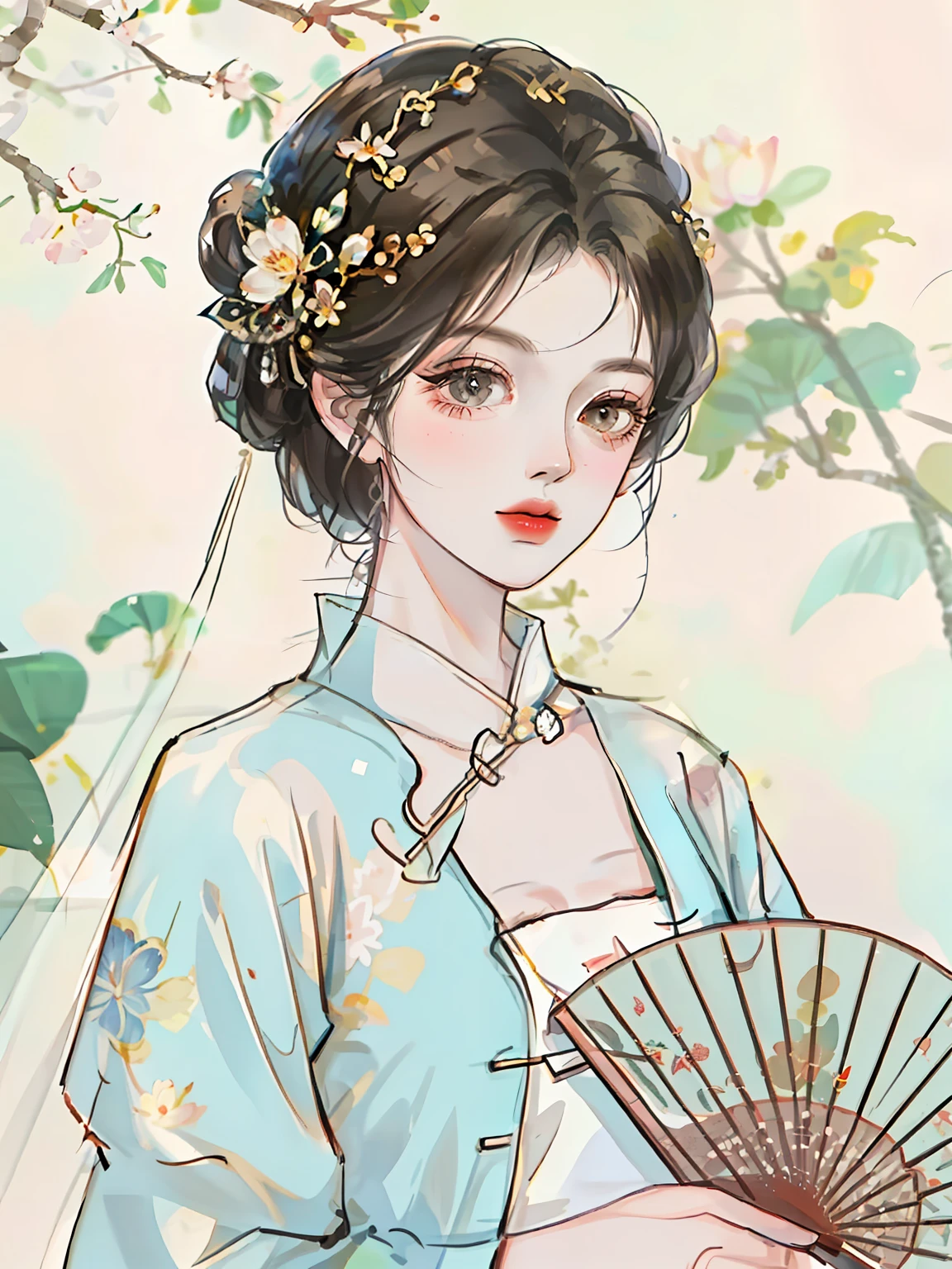 lotus,Antique boy,Hold a folding fan in your hand,romantic,HD