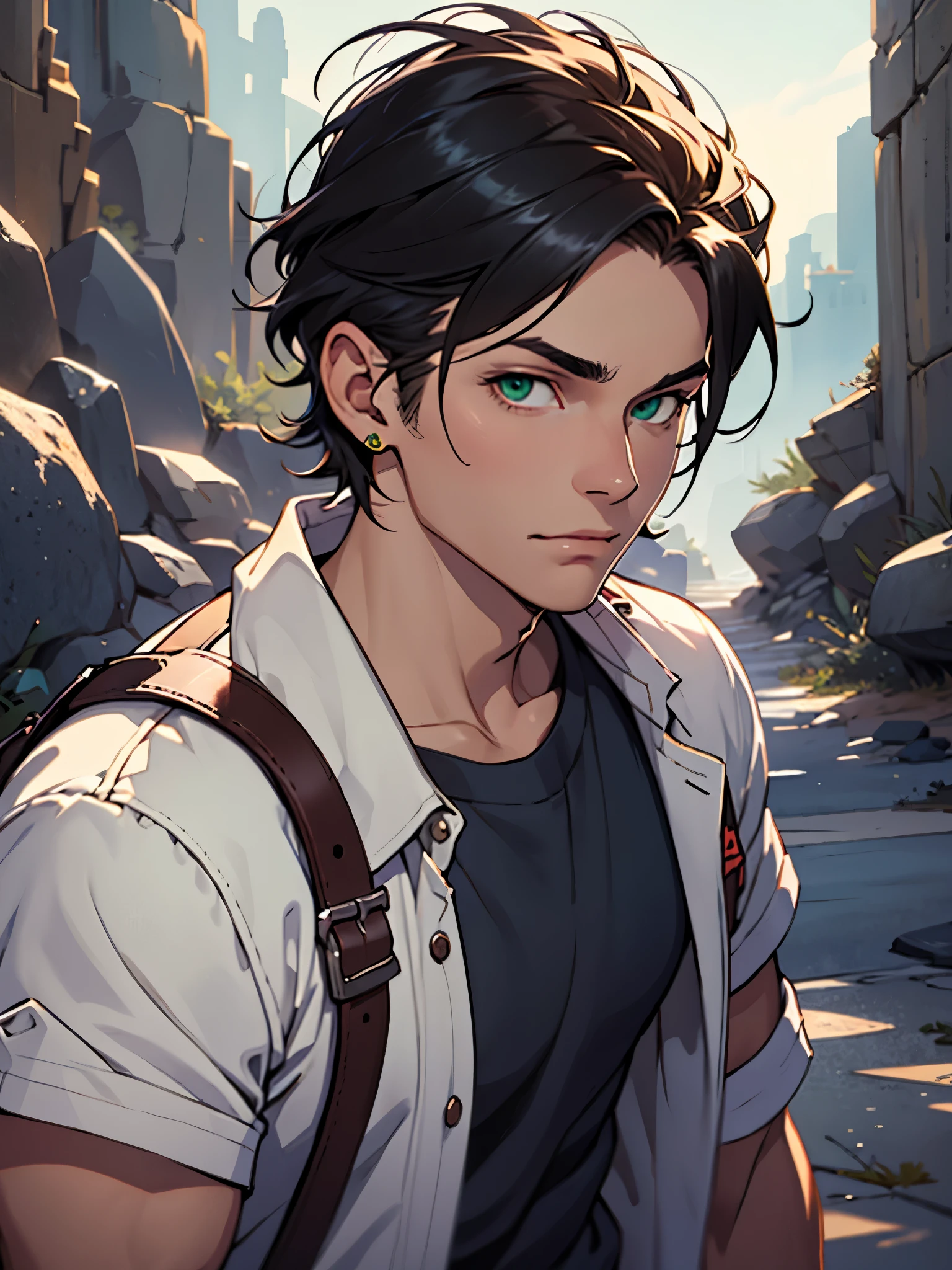 solo, male, (( fair skin, smooth skin)) (regal hair, black hair), light brown hair, green eyes, detailed face, detailed clothes, detailed face, detailed eyes, muscular frame, tattered shirt, young adult, traveler slacks, accessories, tan trousers, rpg, full body, (desert), (masterpiece, high quality, hi-res,8k), standing,close-view portrait, looking at viewer, outdoor, sunny, calm expression,