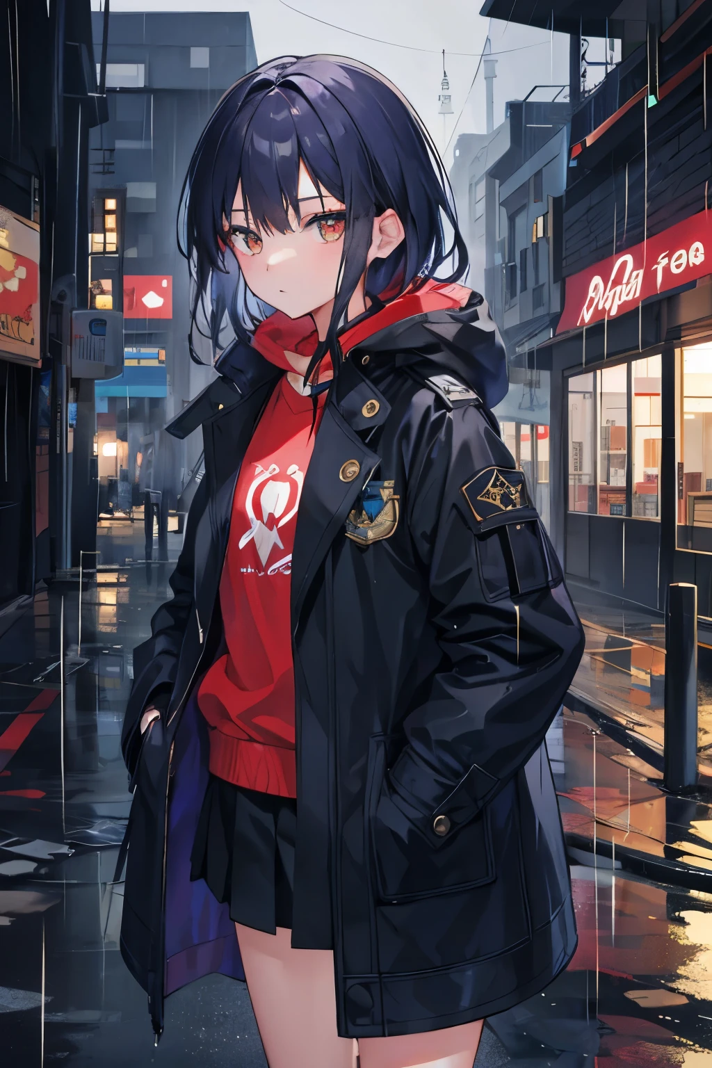 1 girl,City of night,rain,coat,put one&#39;s hand in one&#39;s pocket　America　thunder