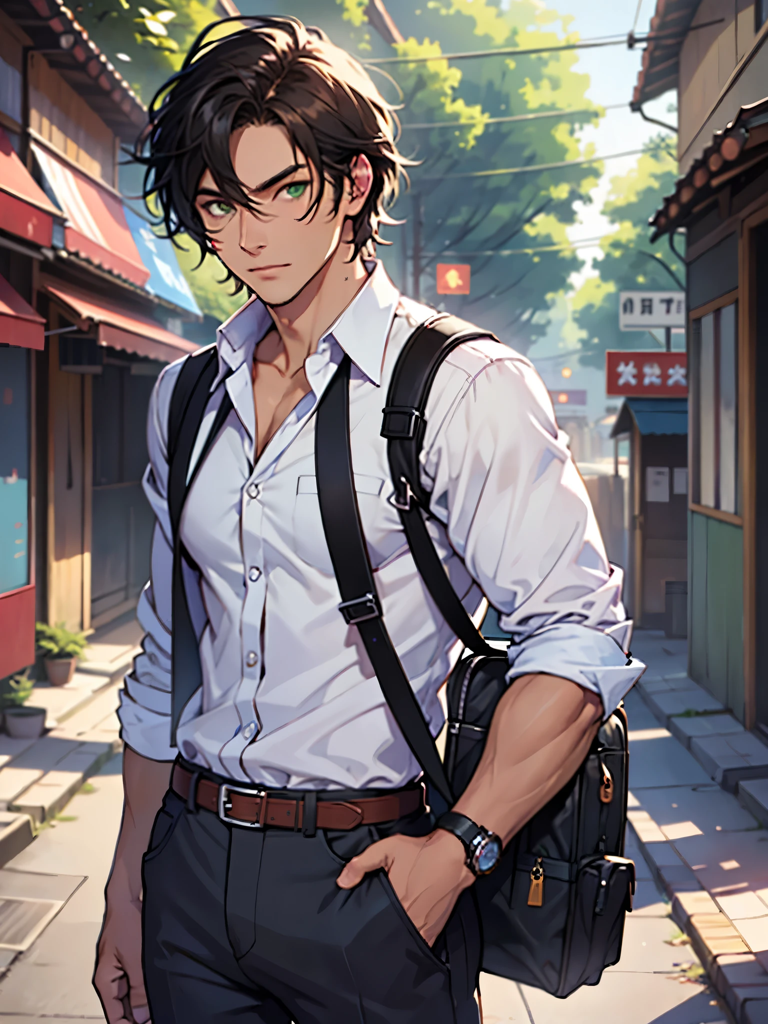 solo, male, (( fair skin, smooth skin)) (regal hair, black hair), light brown hair, green eyes, detailed face, detailed clothes, detailed face, detailed eyes, muscular frame, tattered shirt, young adult, traveler slacks, accessories, tan trousers, rpg, full body, (desert), (masterpiece, high quality, hi-res,8k), standing,close-view portrait, looking at viewer, outdoor, sunny, calm expression,