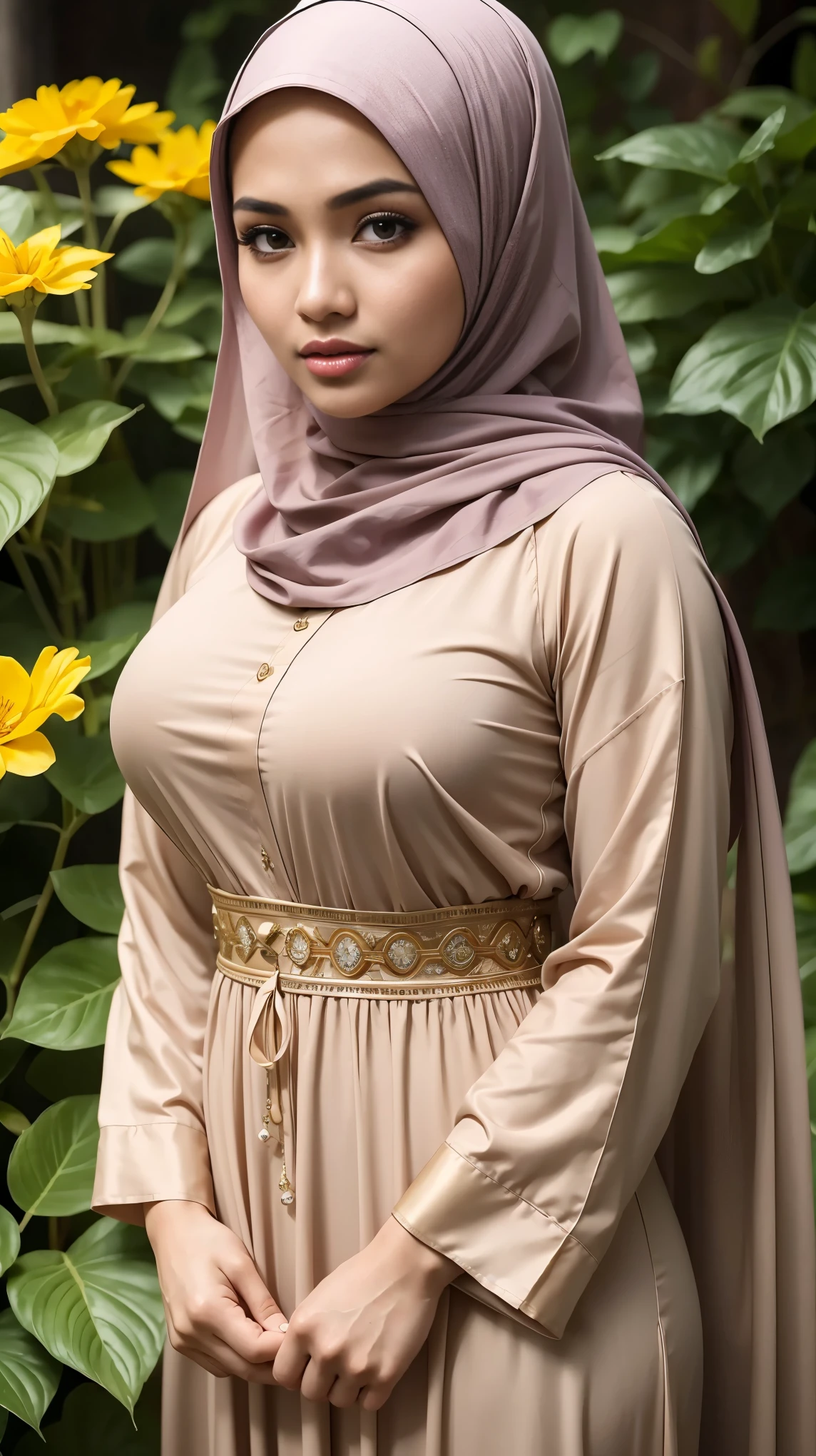 RAW, Best quality, high resolution, masterpiece: 1.3), beautiful Malay woman in hijab,Masterpiece, perfect slim fit body, (Huge breasts), big gorgeous eyes, Soft smile, Delicate turtleneck print balinese kebaya, necklace, shairband, afternoon walk, City garden, Excellent lighting, Bright colors, Clean lines