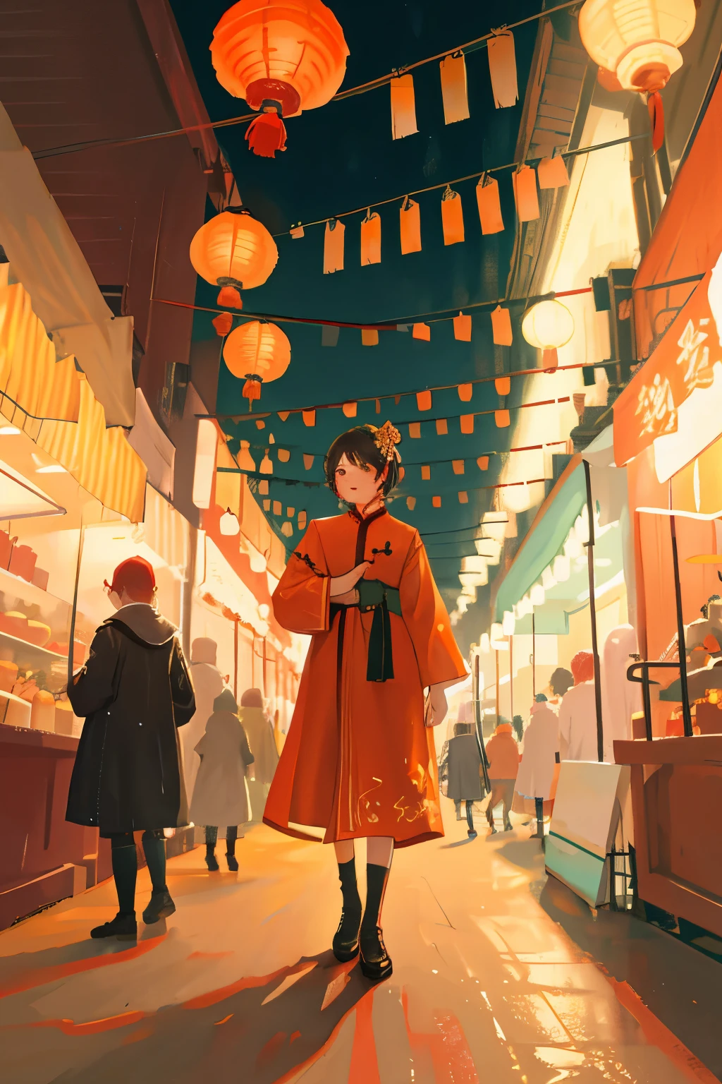 In the joyous scene of Chinese New Year, a harmonious family gathers together to celebrate. Lanterns of various sizes and colors hang outside every household, casting a warm and inviting glow. The streets come alive with the sound of firecrackers and the bustling energy of colorful temple fairs. Everyone is dressed in their finest attire, wearing traditional Hanfu and cheongsam, adding vibrant colors to the festive atmosphere.
Focusing on the family members, each character is depicted with intricate detail, from the wrinkles on their faces, the colors of their clothing, down to the patterns on their traditional fabric. Warm colors, such as red and orange, dominate the palette