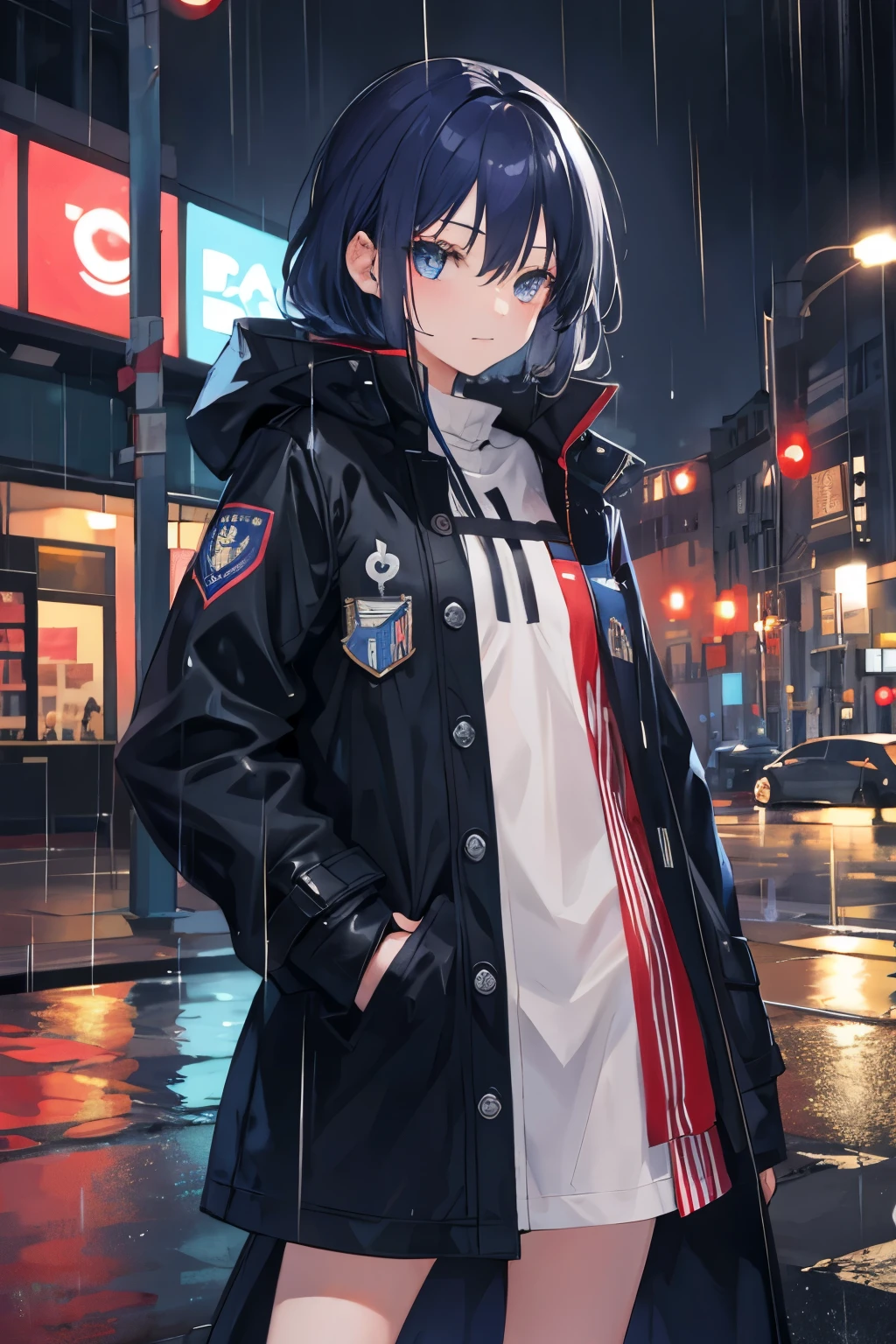 1 girl,City of night,rain,coat,put one&#39;s hand in one&#39;s pocket　United States Flag　thunder　